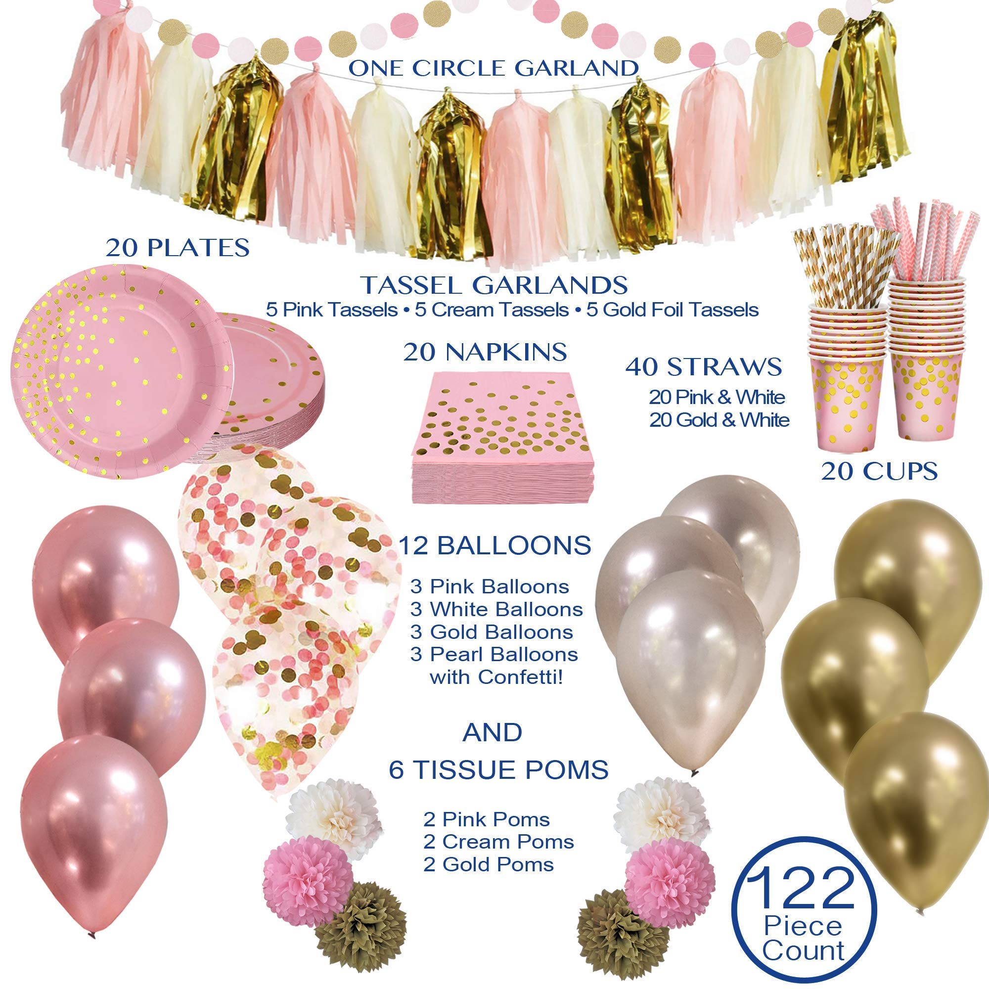 Różowe i złote dekoracje imprezowe z papierowymi talerzami, papierowymi kubkami i serwetkami dla 20 osób na przyjęcie urodzinowe, wieczór panieński, baby shower i nie tylko - 122-częściowy zestaw najwyższej jakości.