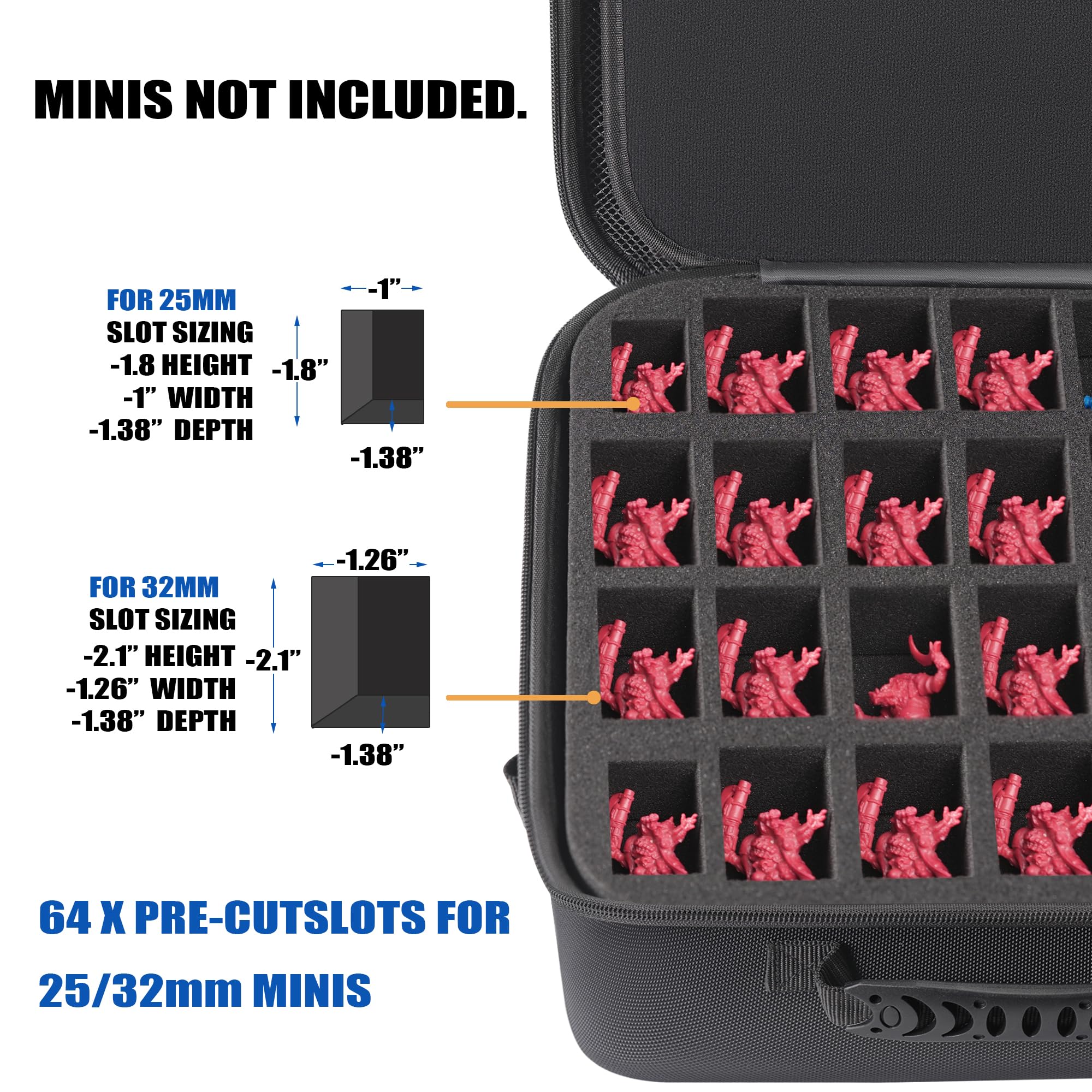 Étui de rangement miniature – 64 emplacements avec 2 plateaux en mousse absorbant les chocs pour Warhammer 40k, DND et plus encore 32 mm, étui avec bandoulière réglable et poche zippée. (64