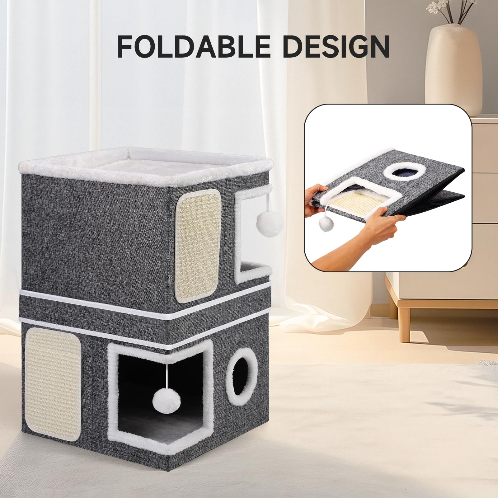 Casa para gatos de 3 capas, cueva plegable para gatos grandes, 40 x 40 x 63 cm, cubo interior para gatos, divisible en 2 grandes cuevas para gatos con escondite para gatos, cama grande para gatos con