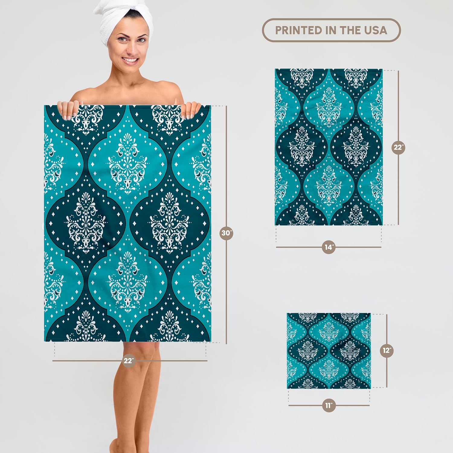 3dRose Teal and Aqua White Henna Style Modern Damask 22x30 Bath Hand Pool Towel