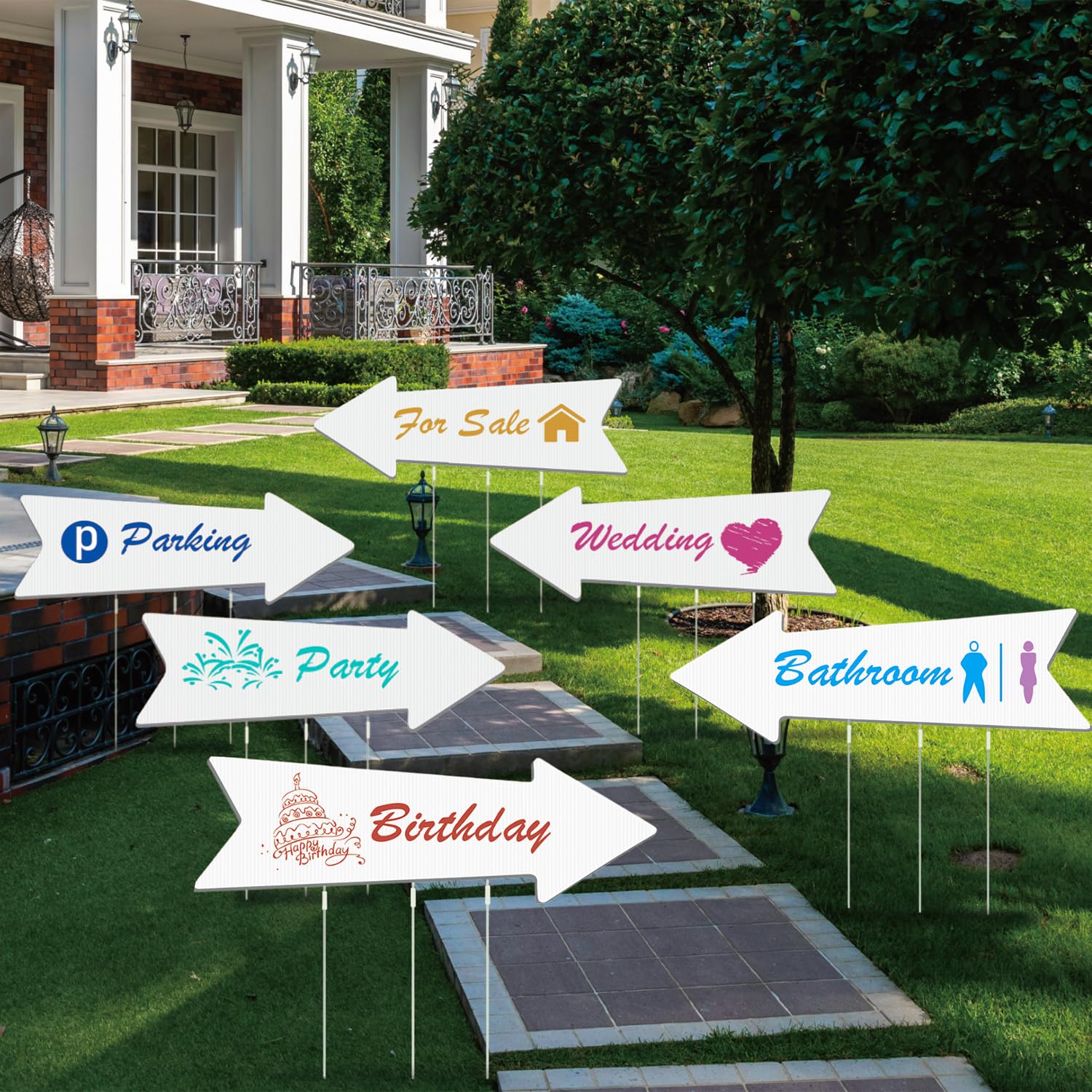 Photo 1 of ?Jumbo 6-Pack Blank Arrow Yard Signs with Stakes - 33x12 Oversized Wedding Directional Signs, Birthday Party Decorations, This Way Arrow Signs for Outdoor Events, Reusable Yard Markers