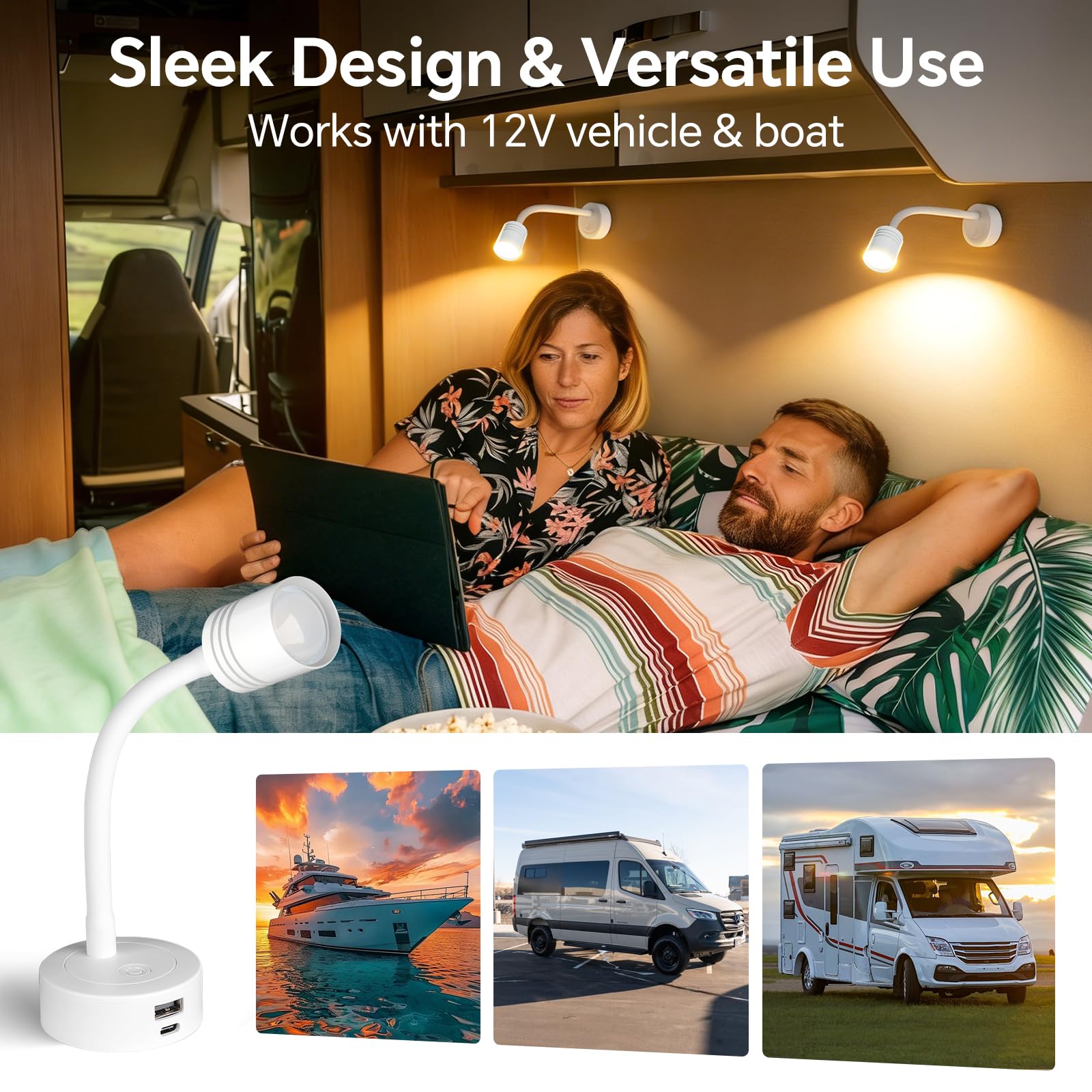 2 x Lampade da Lettura Camper LED 12V, 3200K (Dimmabile) e Luce Notturna Rossa Soffusa, Dotato di Caricabatterie USB-A e USB-C, per Barca Furgone Cabina, Flessibile Collo di Cigno (Bianco)