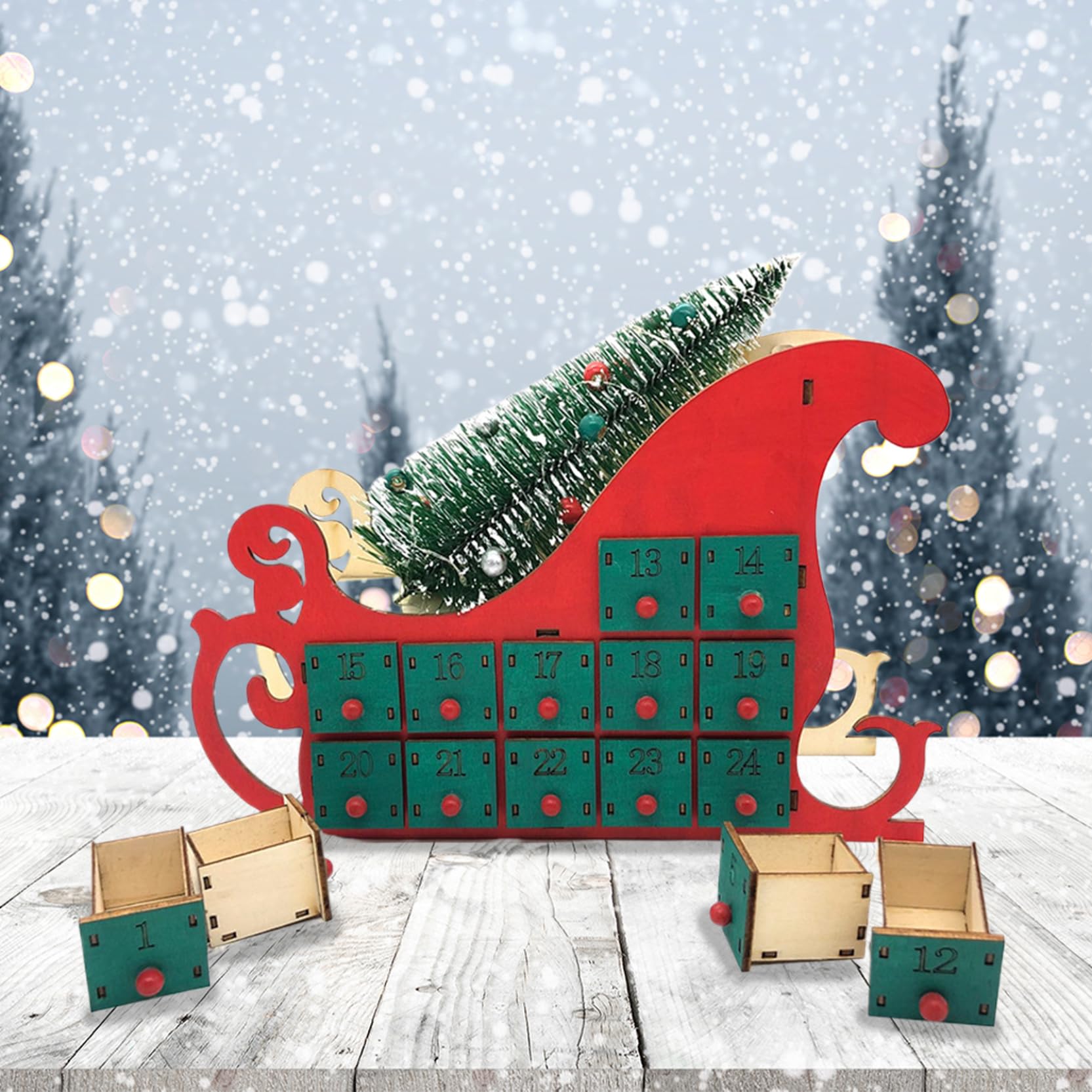 Calendario dell'avvento di Natale Calendario dell'avvento in legno a forma di slitta con albero di Natale e 24 cassetti vuoti Calendario del conto alla rovescia di Natale per bambini adulti, rosso,