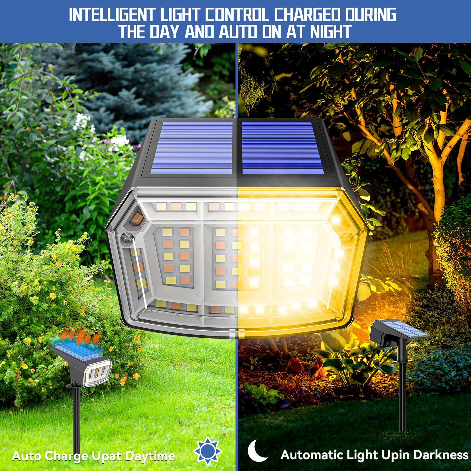 EVARY 4Pezzi Faretti Solari da Esterno,3 in 1 Proiettore da Giardino Impermeabile IP65, 3000K/4500K/6500K 63 LED Lampade da Giardino 3 Modalità Per Cortile,Recinzione,Sentiero,Giardino,Vialetto