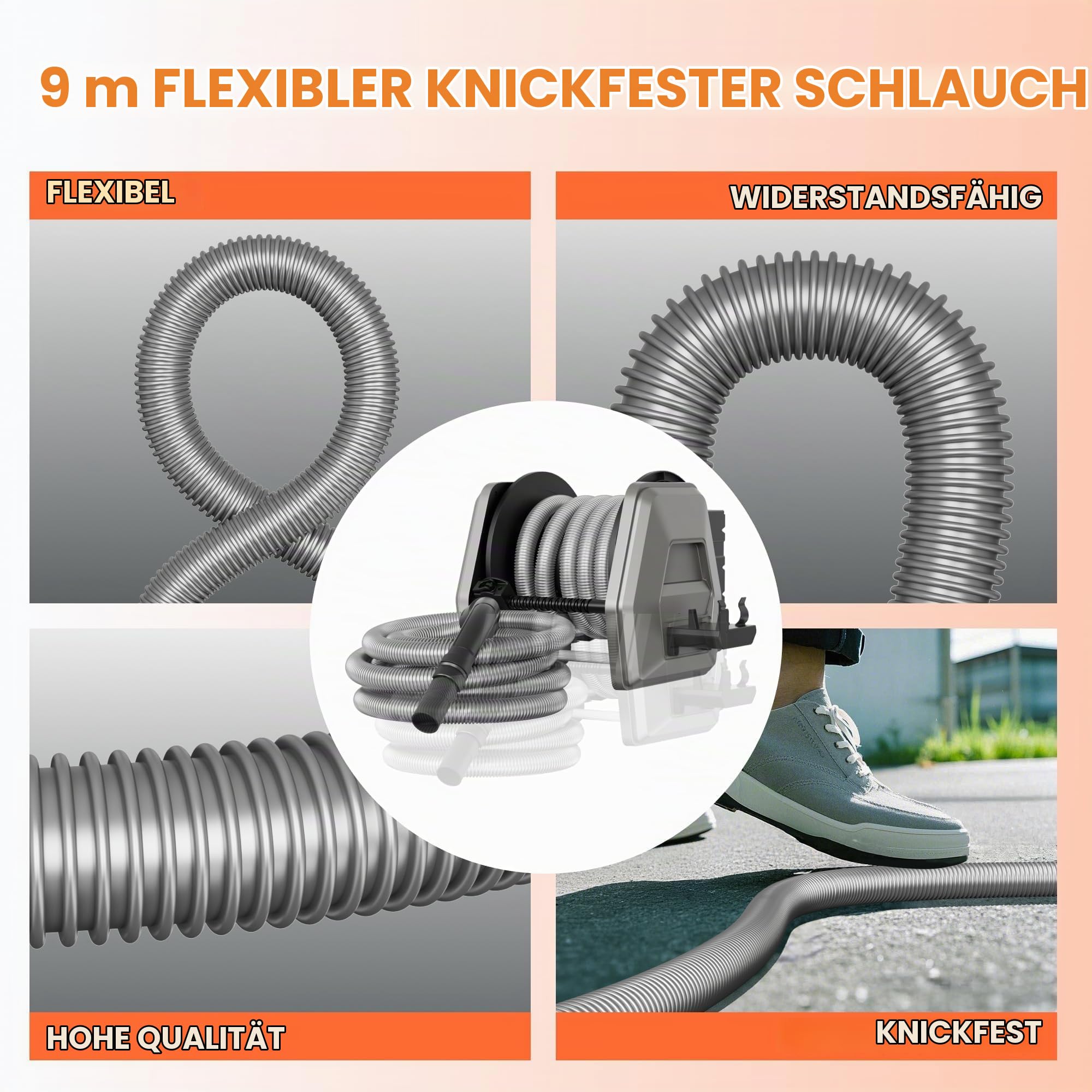 Giraffe Tools 32 mm Vakuumschlauchtrommel mit 9,2 m Verlängerung, einziehbarer Schlauch, Wandmontage, austauschbarer Schlauch, geeignet für 3,8 cm Nass- und Trockensauger