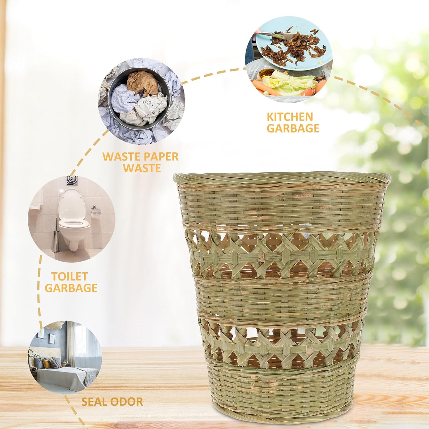 SOLUSTRE Woven Trash Can Handmade Natural Wicker Rubbish Basket Rustic Wastebasket for Home Office Bathroom Storage and Organization