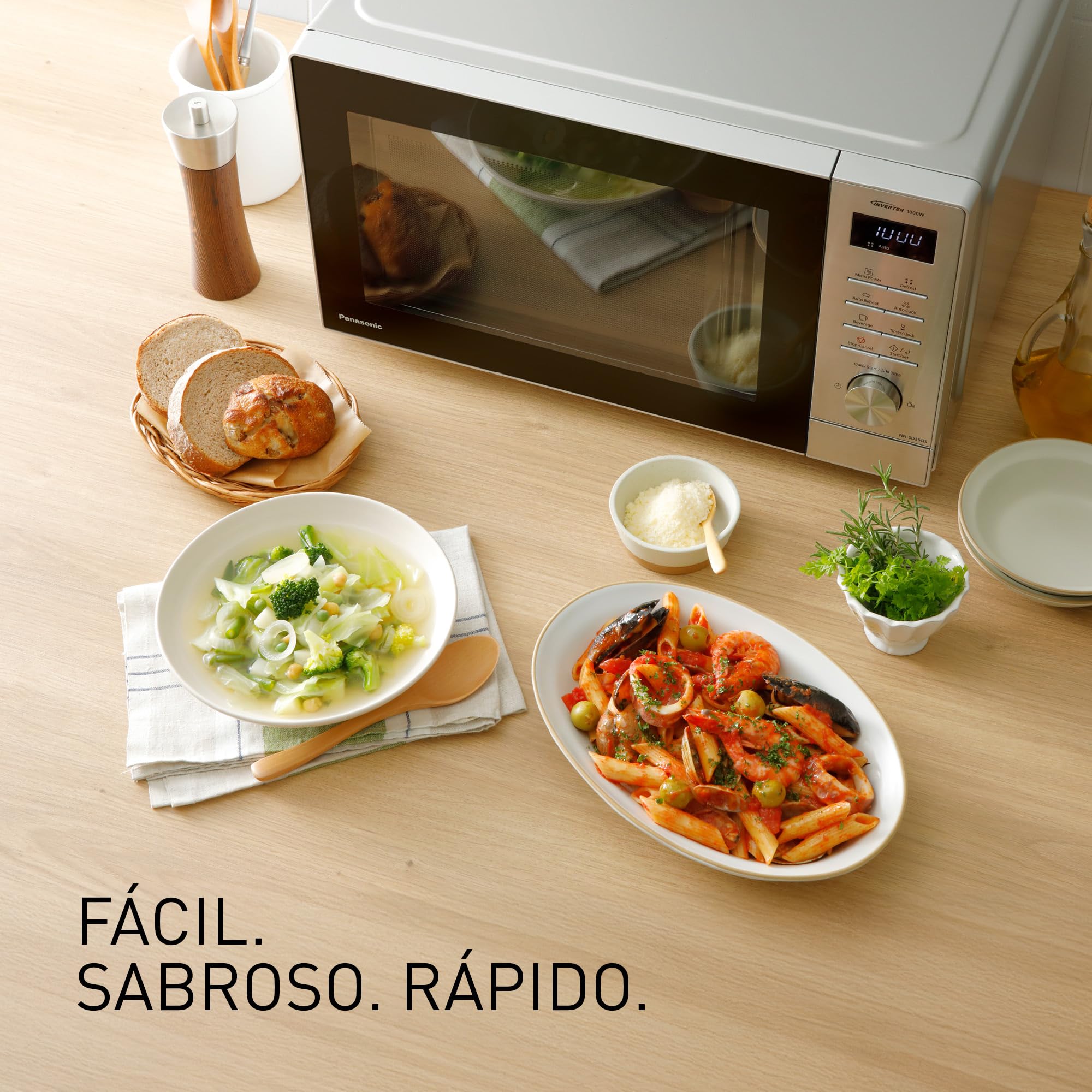 Panasonic NN-SD36QSEPG Horno Microondas de 29 L, 1000 W, Descongelación Automática, 11 Programas Automáticos, Temporizador, Plateado