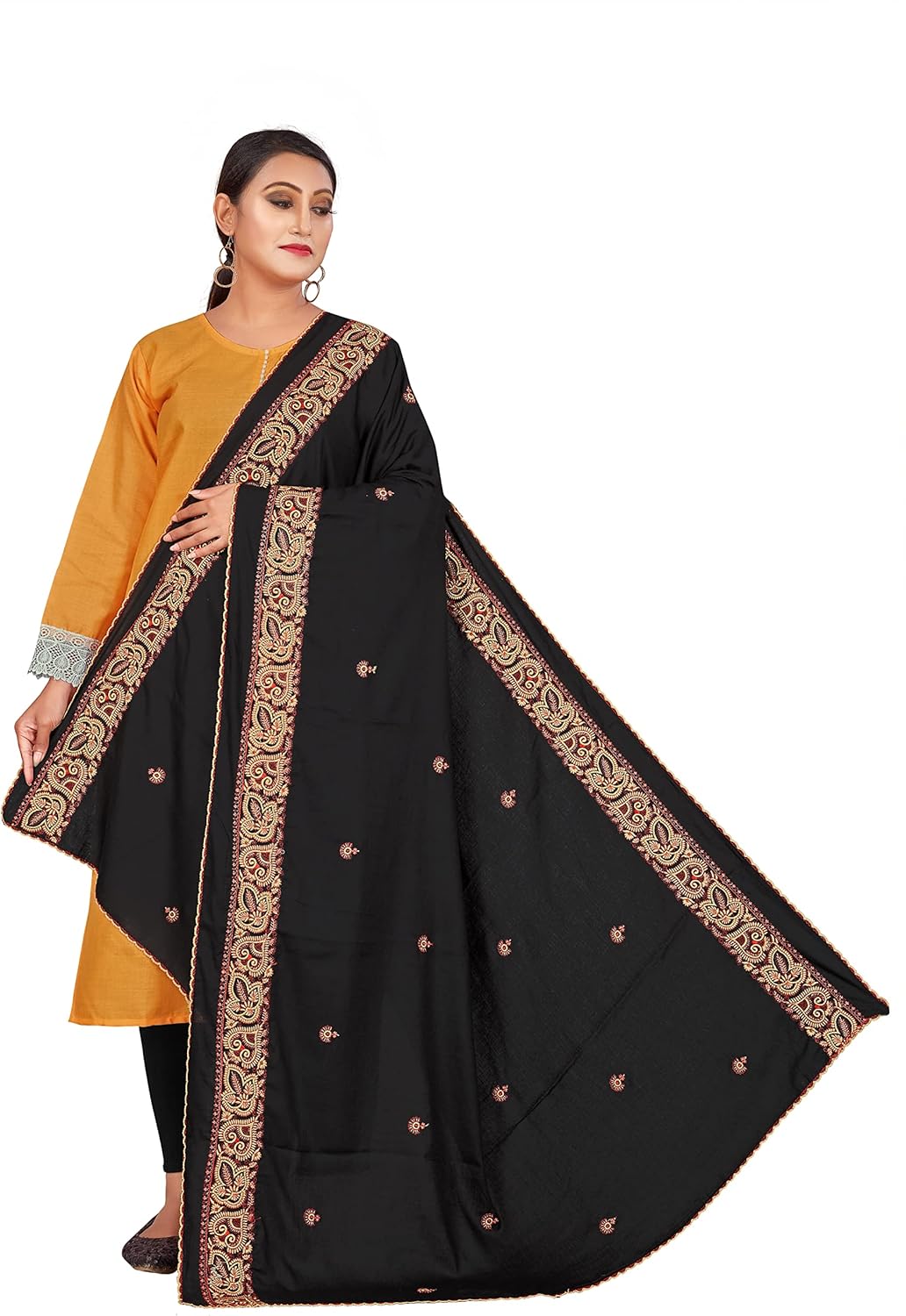 Hijab for Women Traditional Embroidered Cotton Dupatta Shawl Black Scarf Soft Long 2.25Meter Wrap Scarves