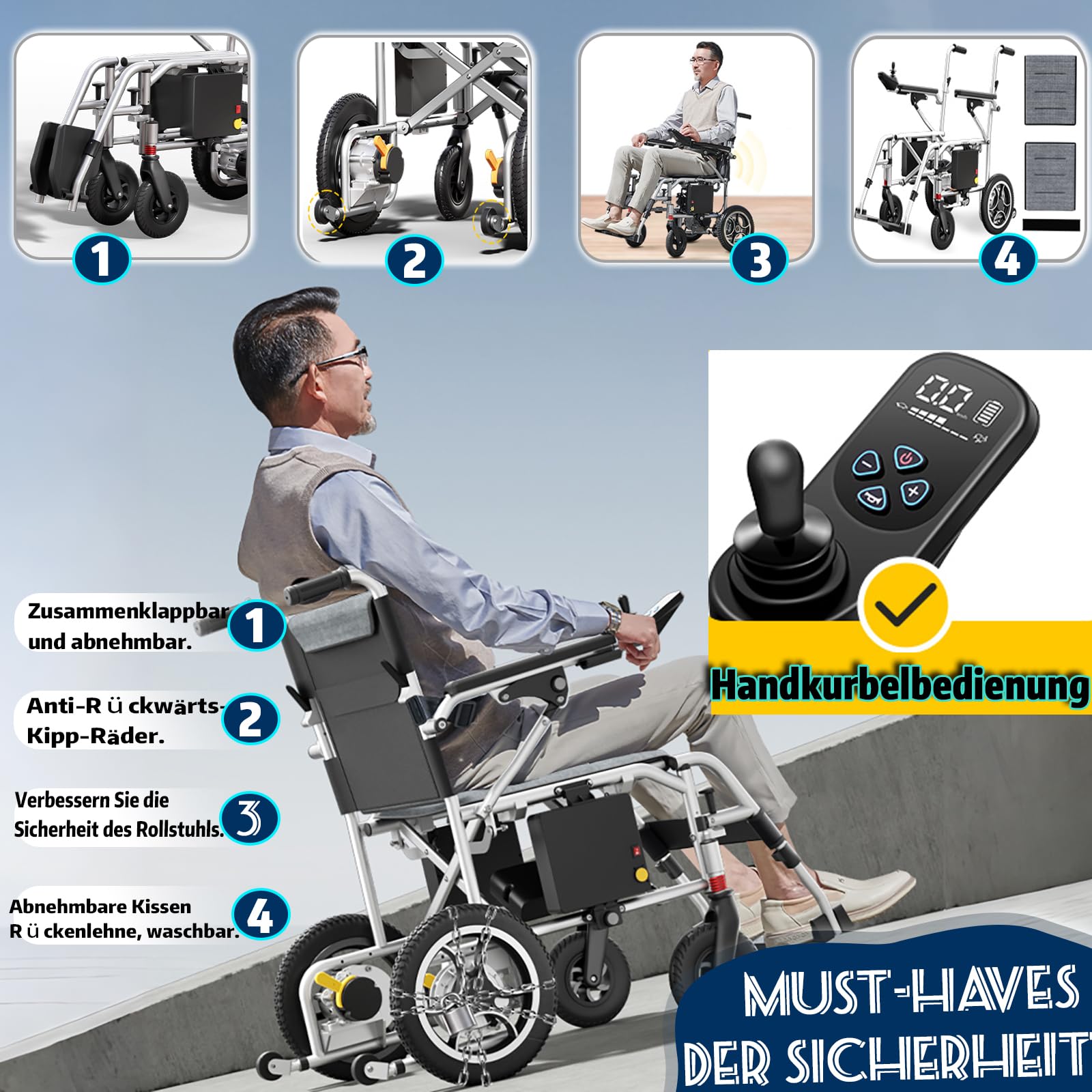 Elettrica Portatile Pieghevole E Leggera Per Adulti Anziani, Autonomia Di Viaggio Di 22 Miglia, Sedia Elettrica Motorizzata Per Tutti I Terreni Con Motori Senza Spazzole,With remote control