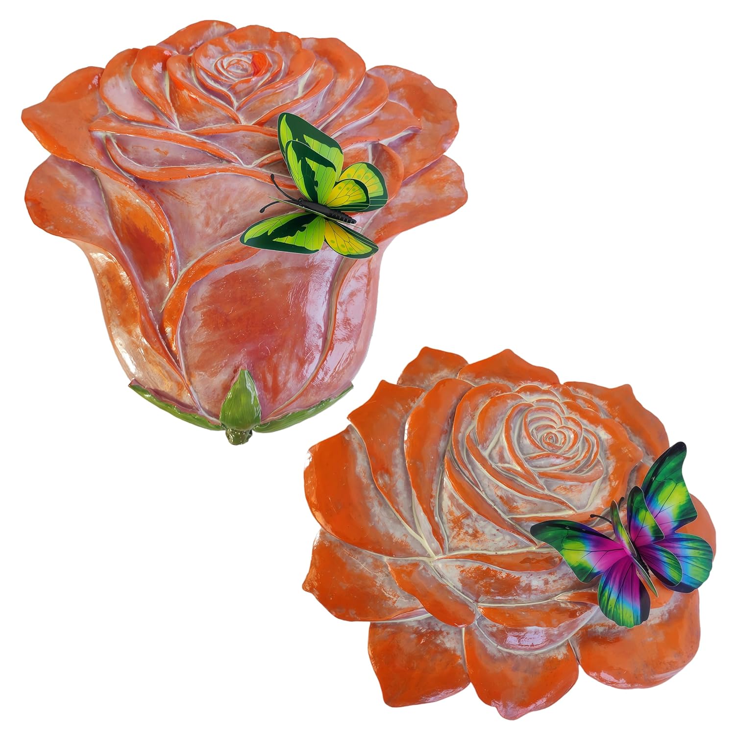 Garden Stepping Stones Outdoor Walkway – Resin Rose Flower Pavers for Path, Lawn & Backyard – Courtyard Entrance Decorative Small Statue with Artificial Flowers – Set of 2, Brown