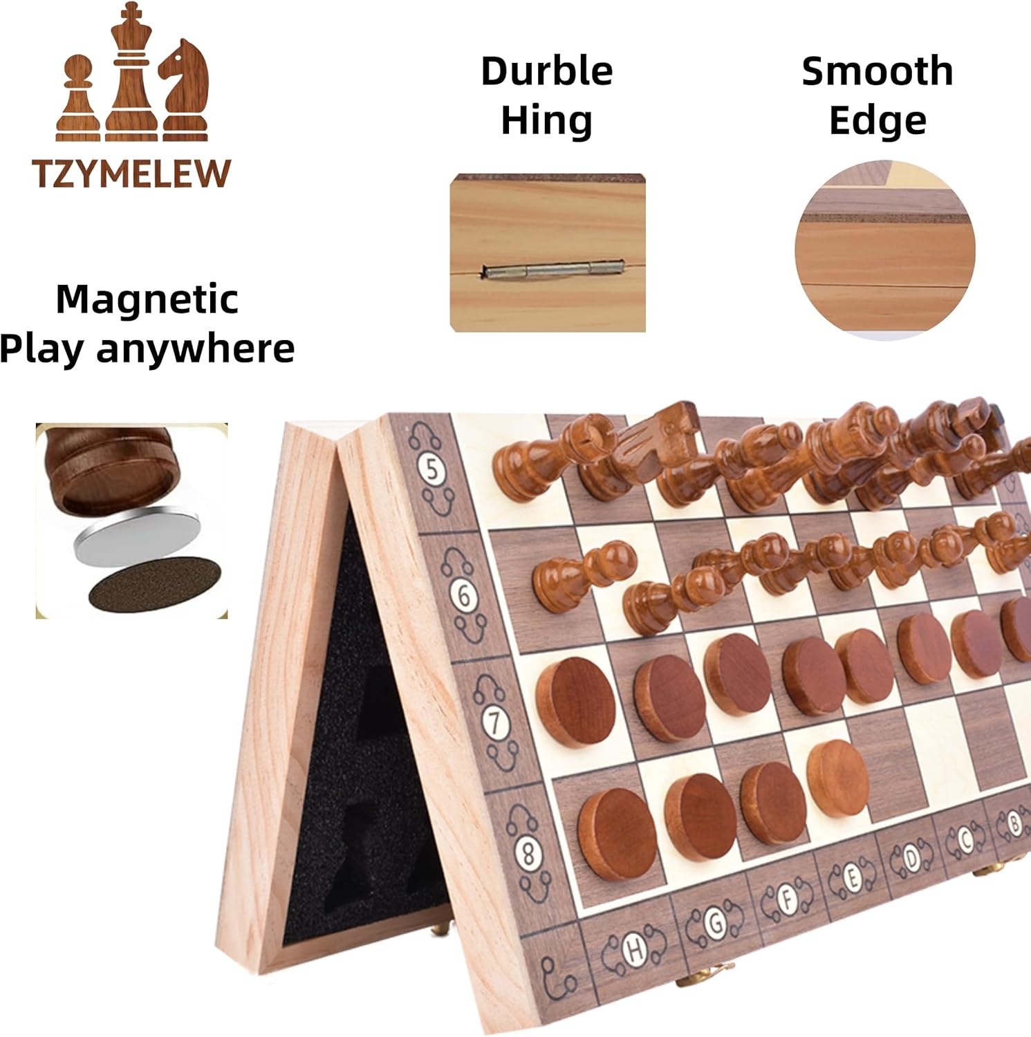 Magnetic Chess & Checkers Set 15", 2-in-1 Wooden Foldable Board with Exclusive Numbered Chess Board & Secure Storage Slots, Family Strategy Game for Kids and Adults
