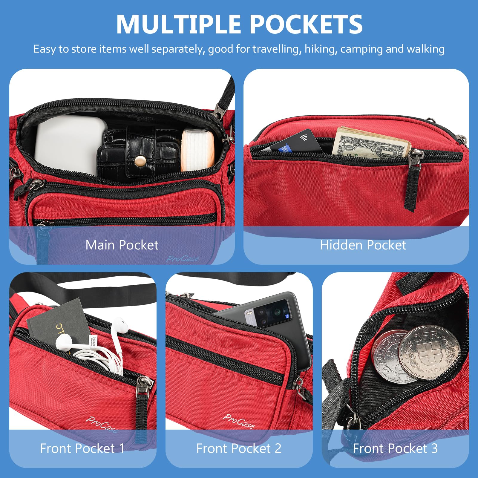 ProCase Marsupio Uomo Nero con 6 Tasche, Marsupio da Lavoro Sportivo Viaggio Trekking, Fanny Pack Bag in Nylon con Cinturino Regolabile e Fibbia a Sgancio Rapido