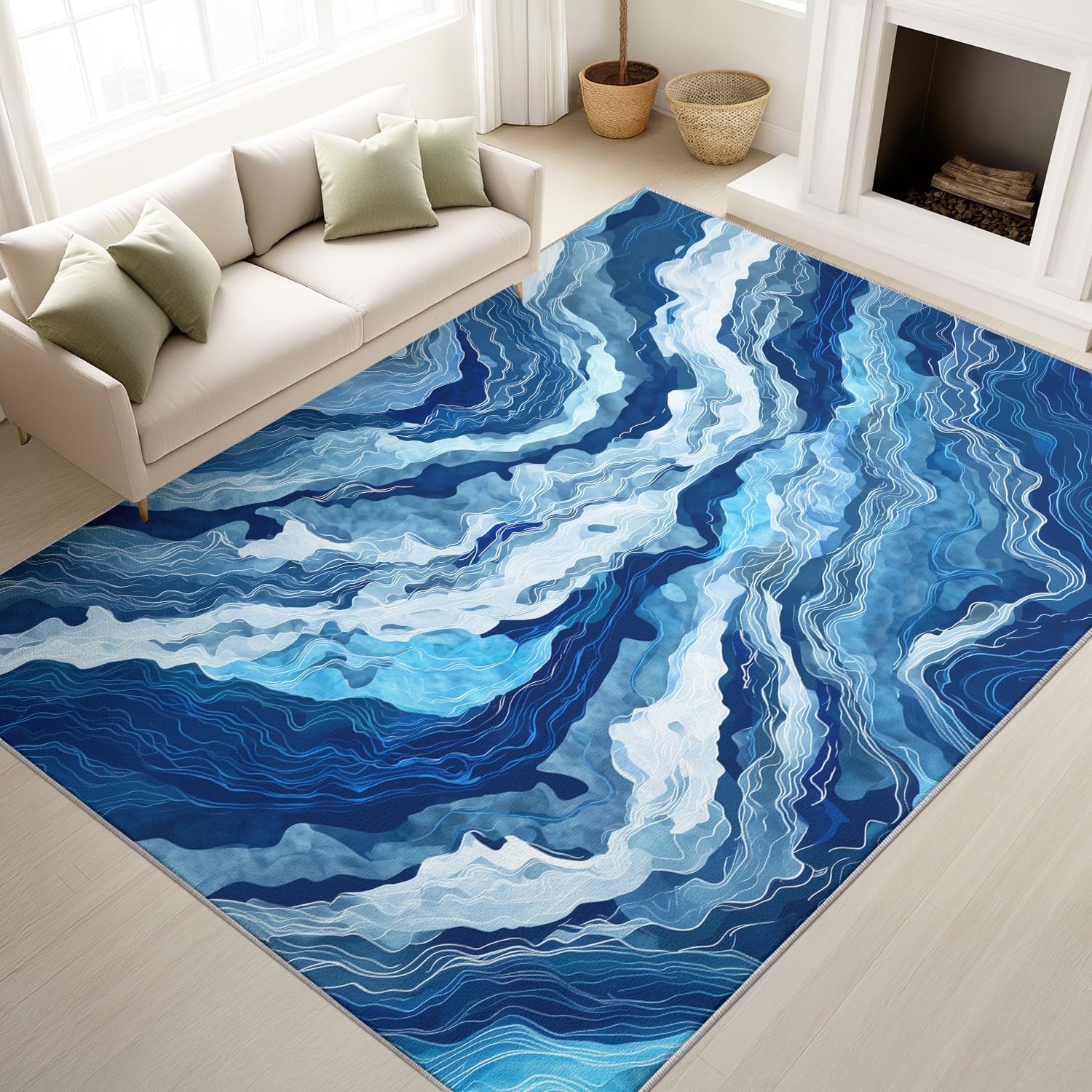 Tapis antidérapant lavable en machine texture marbre bleu 120x180