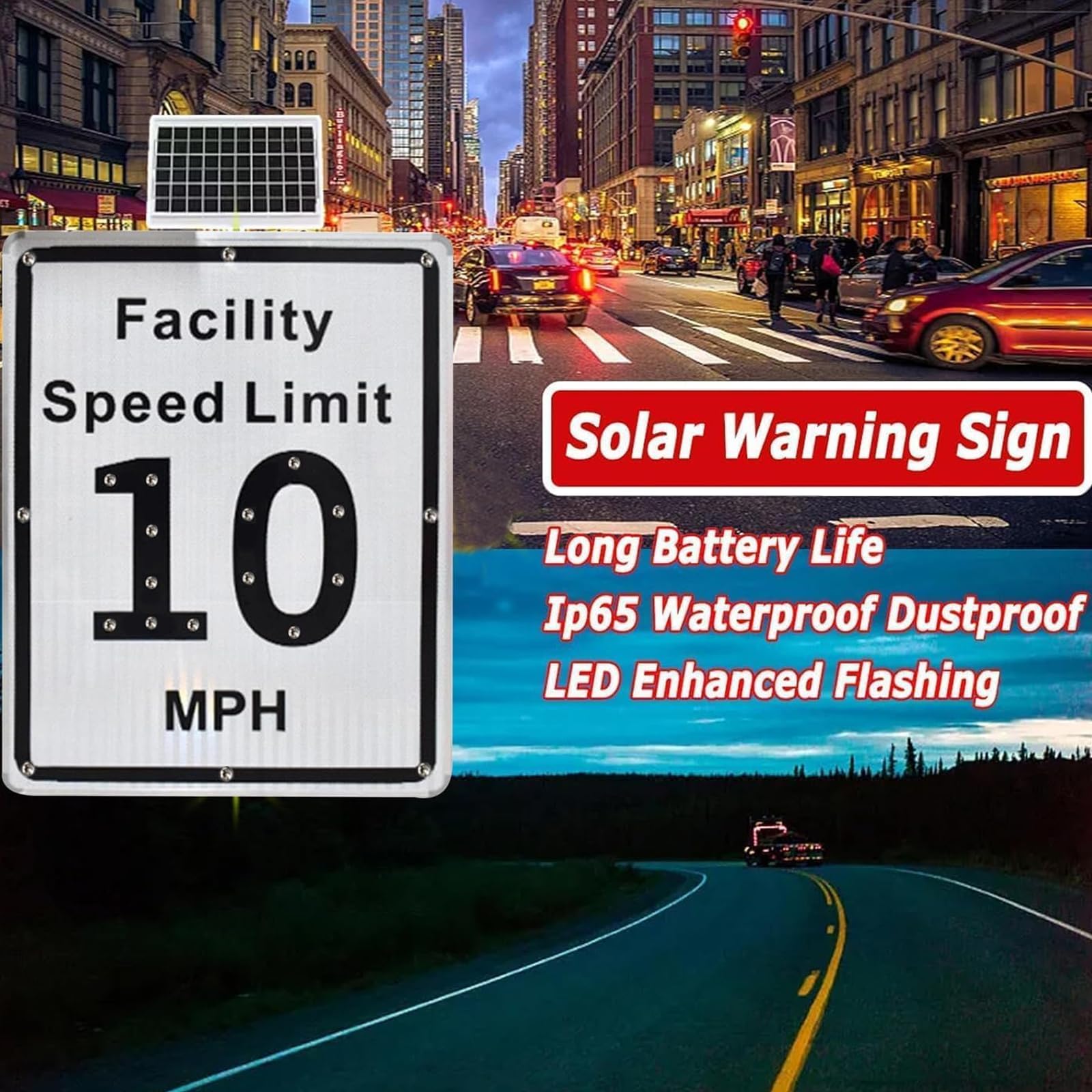Señal De Límite De Velocidad Led Alimentada por Energía Solar, Señales De Advertencia De Tráfico De Aluminio, 16" X 24", Lámina Reflectante De Grado De Ingeniería
