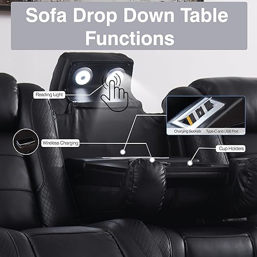 Miniatura 13 de THSUPER Juego de sofás reclinables eléctricos de cuero marrón tipo loveseat con almacenamiento en brazos y reposacabezas eléctrico, juego de sofá