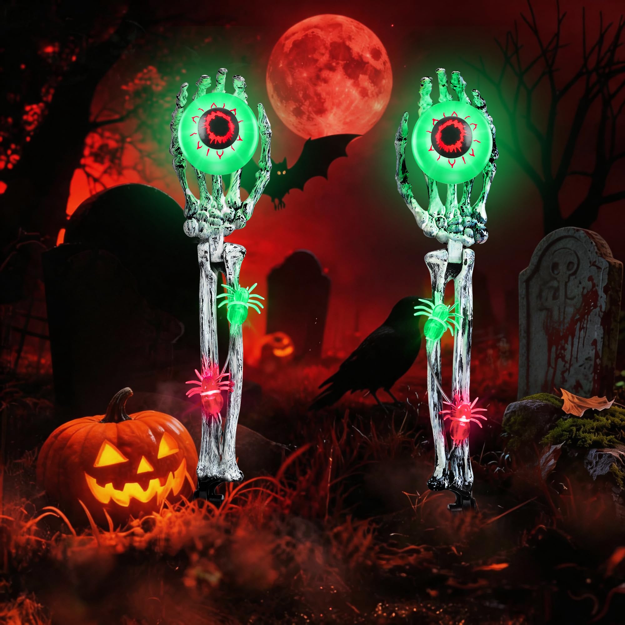 Halloween Decorations Outdoor, 2 Pack Halloween Skeleton Hands Decorations | with Eyeball & Spiders, Waterproof Battery Operated Light Up Eyeball Light Green for Outdoor Yard Garden Party Lawn Decor