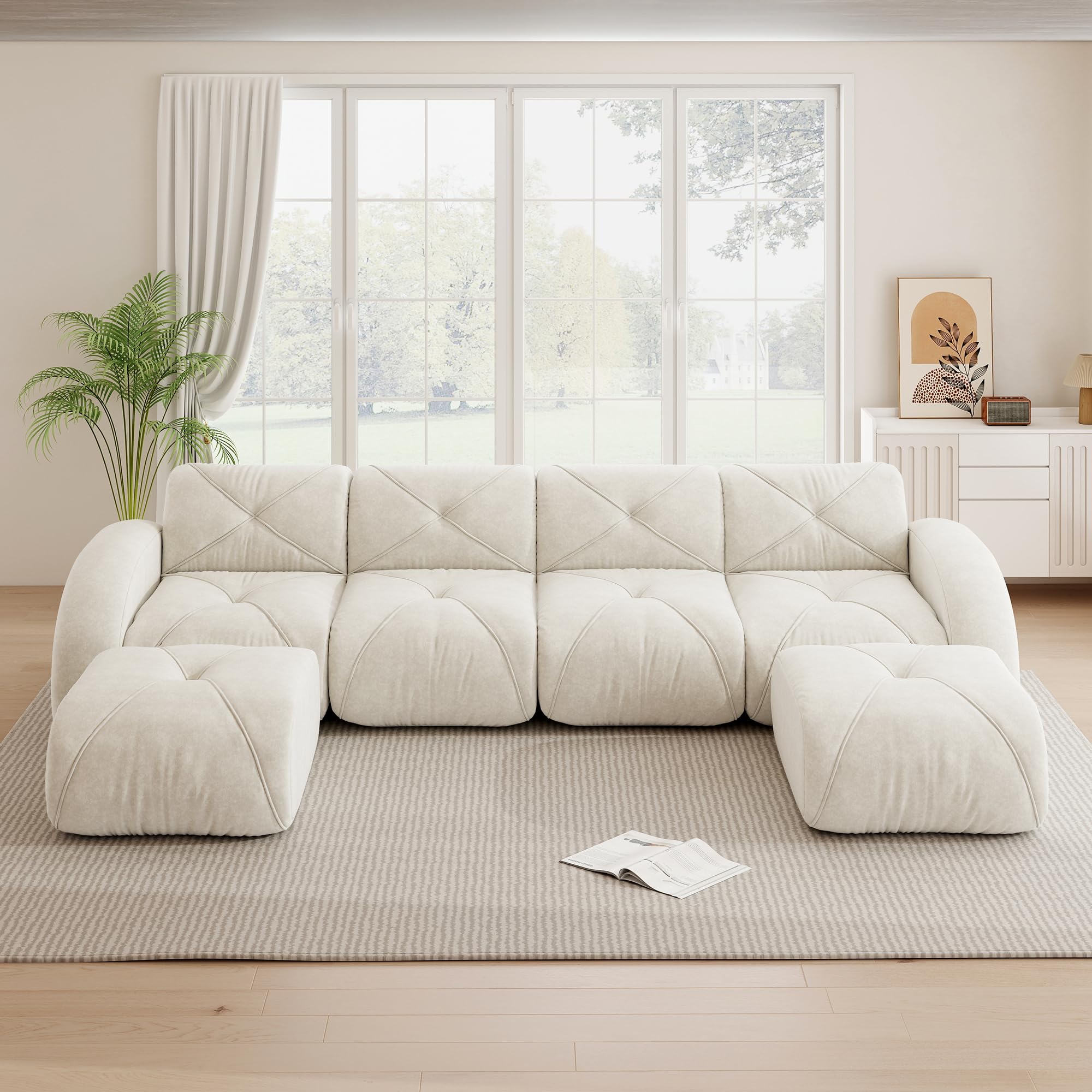 Sofá modular en forma de U de 4 plazas con 2 taburetes, sofá nube sin marco de chenilla, sofá de salón suave, antideslizante, flexible, combinable, sin montaje, salón blanco