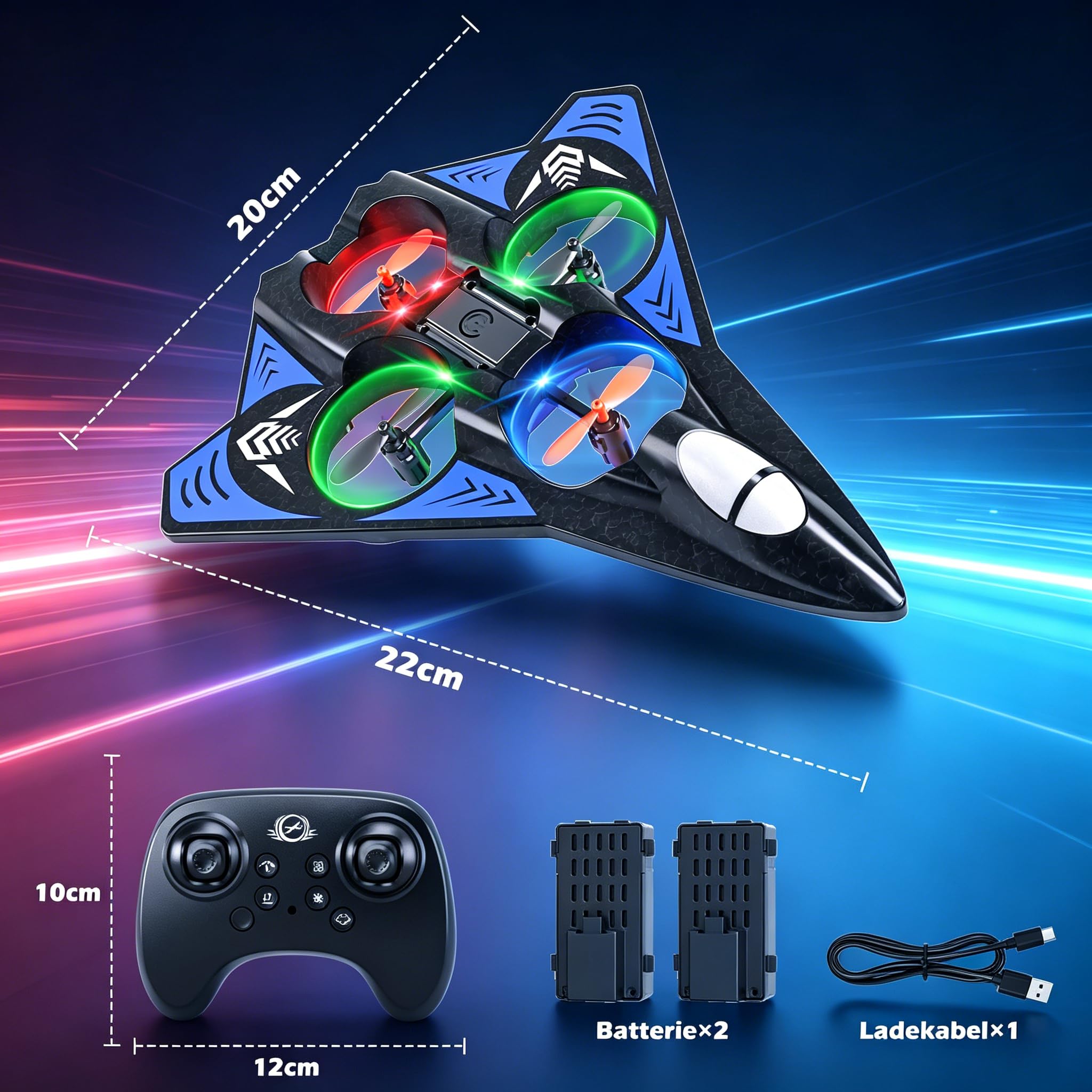 Doloowee RC Flugzeug Drohne für Kinder, RC Schaumstoff-Flugzeug mit Bunter LED-Beleuchtung, 360° Flip, Höhenhaltung, 2.4GHz Ferngesteuertes Flugzeug für Anfänger mit 2 Akkus