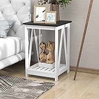 Vista 5 de Mesa auxiliar cuadrada de granja, mesa auxiliar con diseño de listones, mesa auxiliar de sofá con marco resistente para sala de estar, color negro