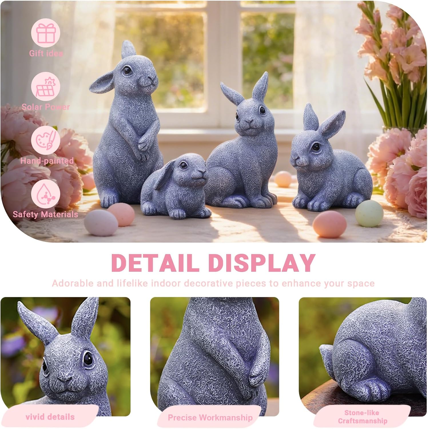 Nacome Bunny Statues for Outdoor Easter Decor: Outside Set of 4 Rabbit Fairy Garden Sculptures for Lawn Porch Patio Balcony Yard Ornaments - Gifts for Mom Grandma