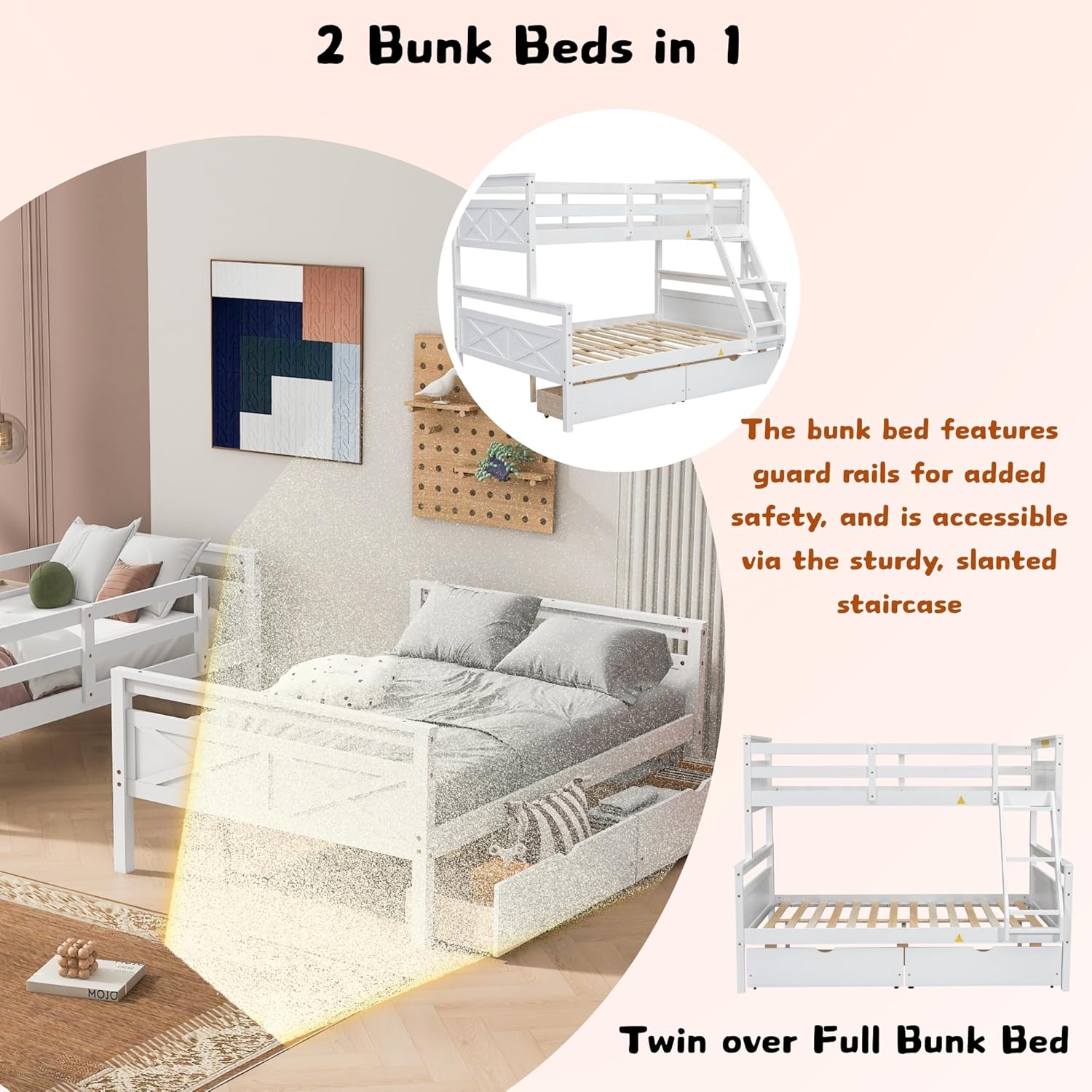 SOFTSEA Twin Over Full Bunk Bed with Drawers, Solid Wood Bunk Bed Frame with Safety Guardrai, Convertible to 2 Separated Bed for 2 Kids, White