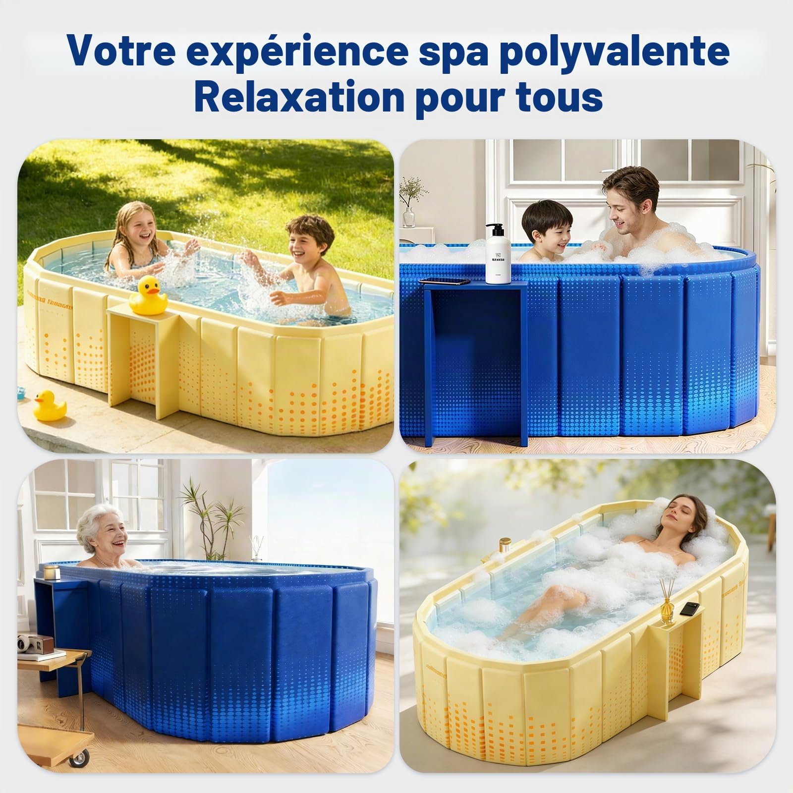 Baignoire portable de 150 cm avec étagère, pliable pour 2 personnes, sans gonflage, baignoire de trempage, bain glacé et spa chaud 2 en 1 pour douche, jardin et camping (bleu)