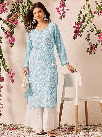 Ada Hand Embroidered Indian Chikankari Georgette Kurti Kurta with Slip for Women A90397