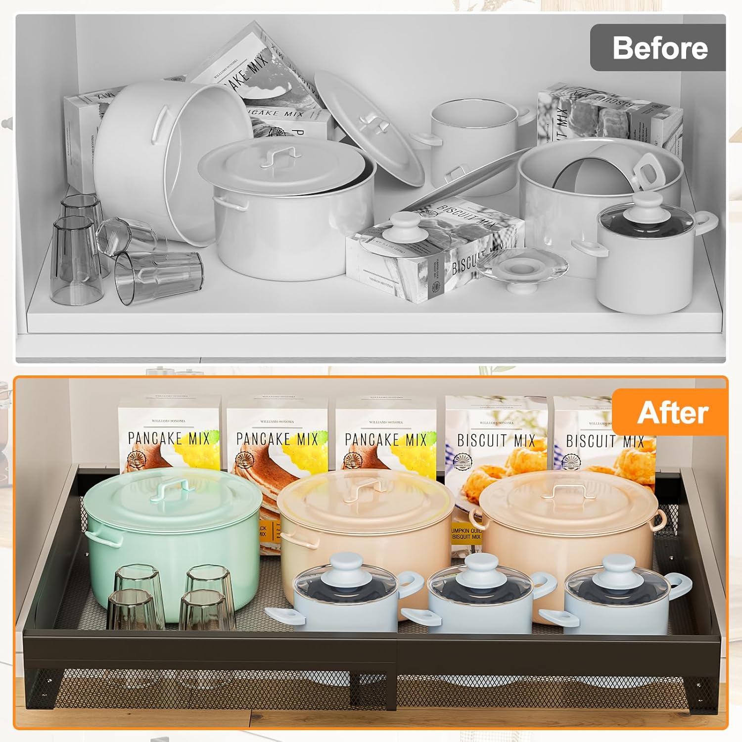 Hisencn Pull Out Cabinet Organizer, Expandable Width 13.9"-22", 21.8" Deep Heavy Duty Slide Out Drawer for Kitchen Cabinets, No Drill Roll Out Shelves with Adhesive Nano Film (Black)