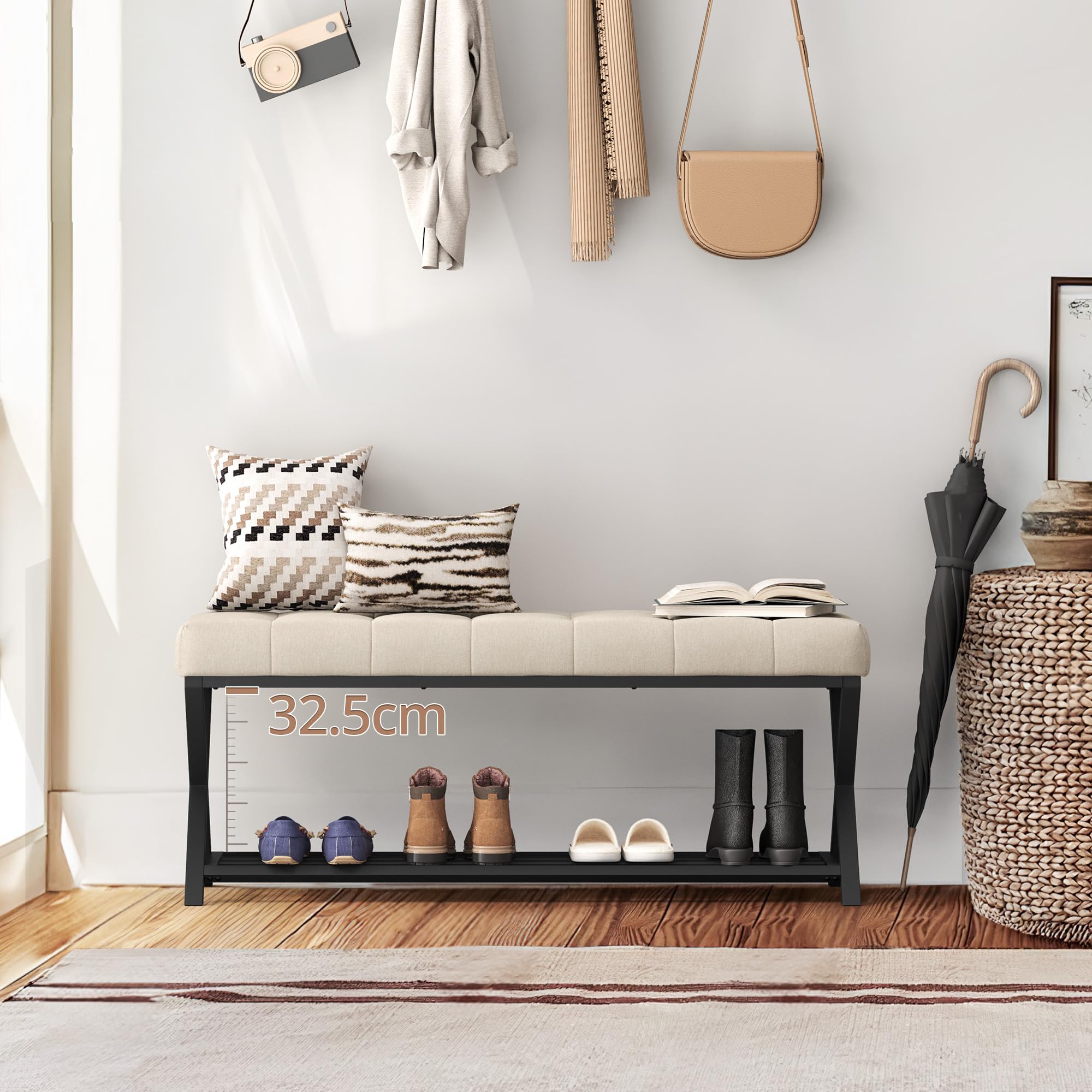 LUE BONA Schuhbank,Schuhbank mit Sitzfläche,Schuhbank mit Sitzbank und Leinen Gepolstertem,Sitzbank Flur mit Metallrahmen für Eingangsbereich,Wohnzimmer,Flur,113 x 38 x 46 cm,Leinen