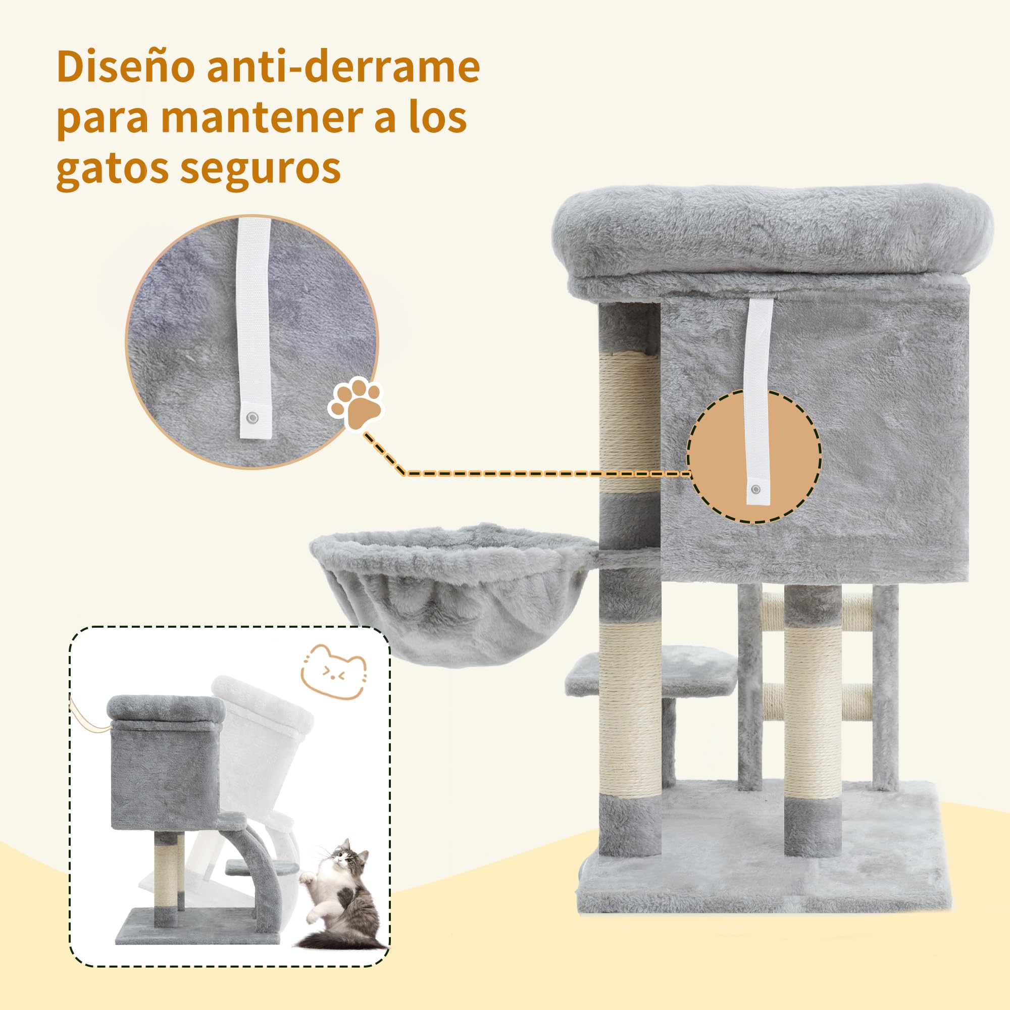 Heybly Árbol Rascador para Gatos, 75 cm De Alto Torre para Gatos con Plataforma Superior, Madriguera, Hamaca, Escalera para Trepar, Juguetes para Gato, Gris Claro HCT009SW