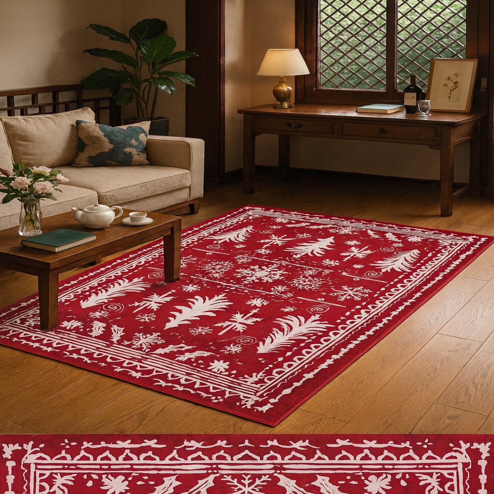 Tapis salon 100 x 160 cm traditionnel rouge lavable et antidérapant