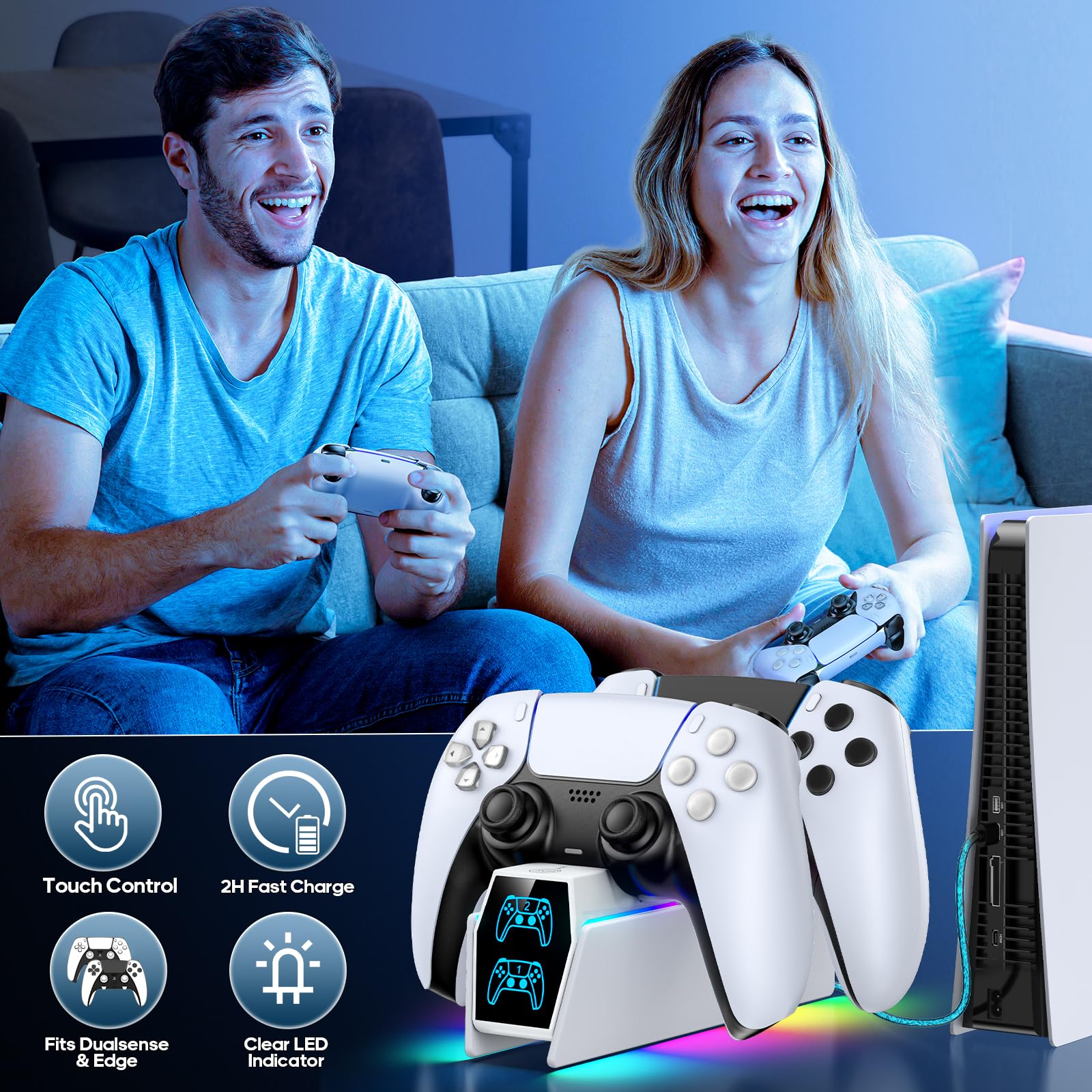 Caricatore per PS5 Controller con Cavo, Base di Ricarica per P5 e P5 Edge, 2,5H Riarica per PS5 Controller Compatibile con PS 5 Edge, Kit Accessori per Playstation 5 Console, Bianco