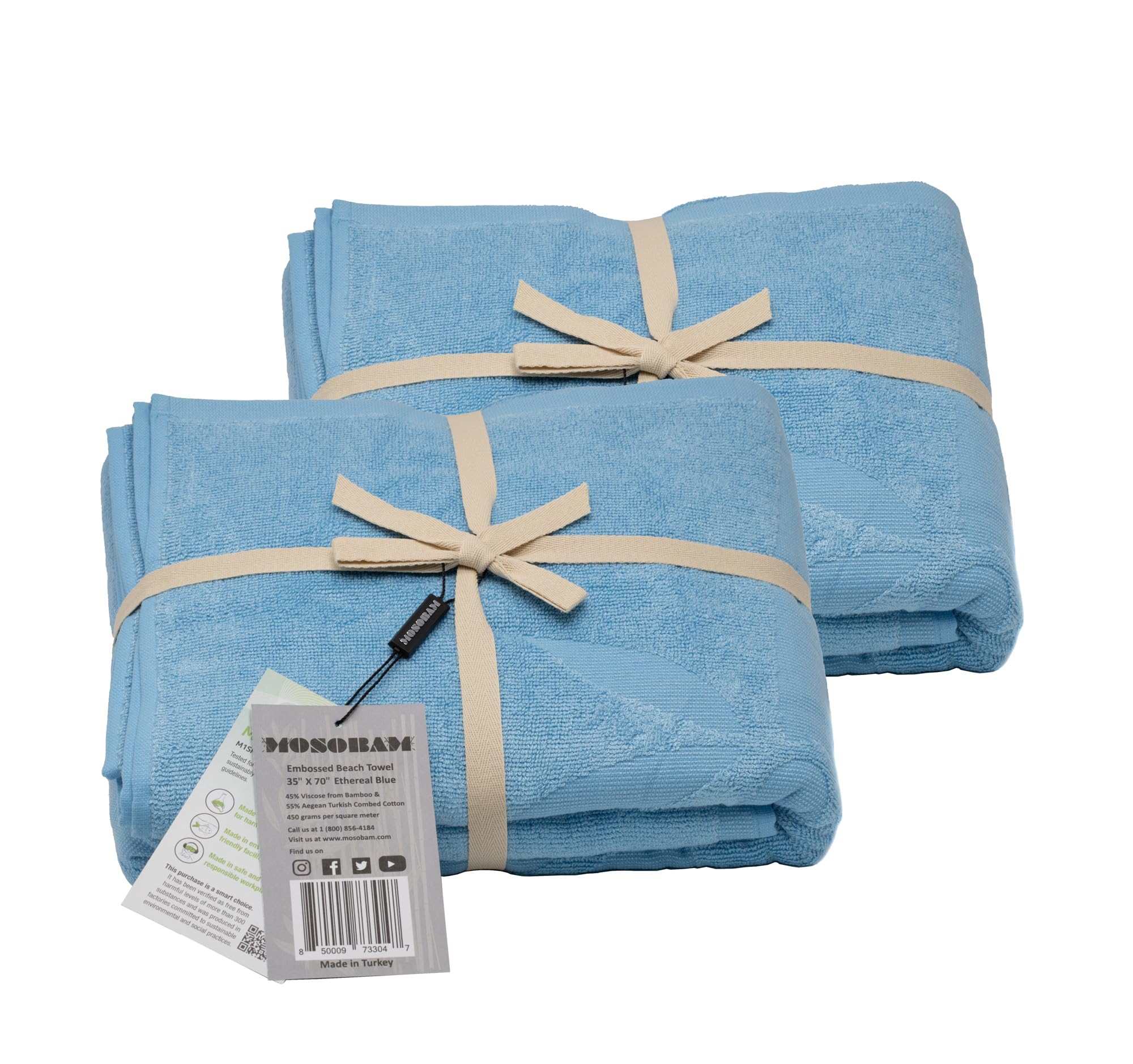 Mosobam Weiches Strandtuch, 35 x 70 cm, Blau, Luxus-Cabana, 450 g/m², Hotelhandtücher, schnell trocknend, übergroß, Reise-Set, Viskose aus Bambus, türkische Baumwolle