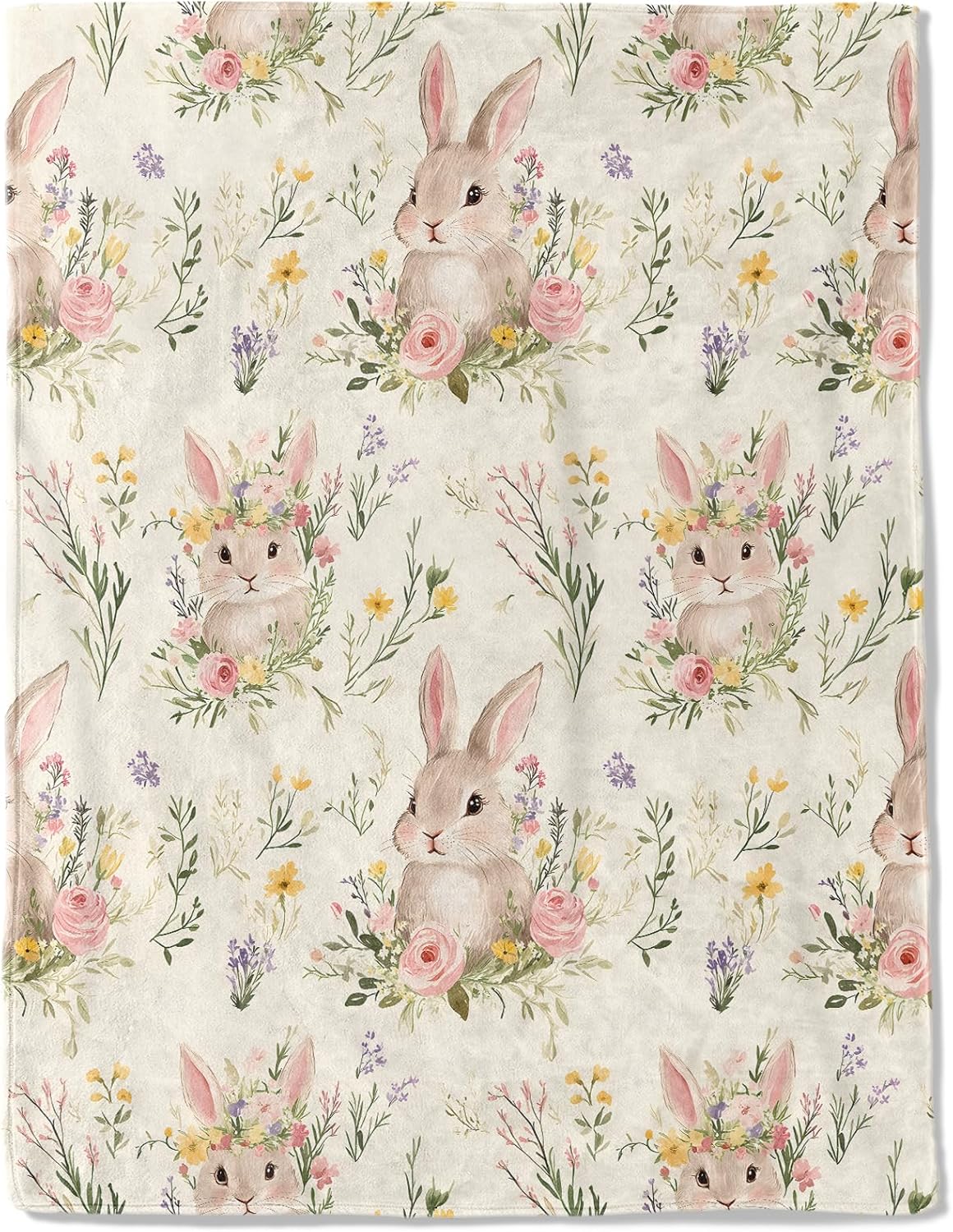 Cute Bunny Fleece Blanket - Lightweight Soft Cozy Gifts Throw for Animal Lovers, Kids,Women,Rabbit Floral Cream Blankets,Home Room Modern Farmhouse Boho Decor 60x80in