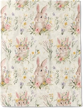 Cute Bunny Fleece Blanket - Lightweight Soft Cozy Gifts Throw for Animal Lovers, Kids,Women,Rabbit Floral Cream Blankets,Home Room Modern Farmhouse Boho Decor 40x50in