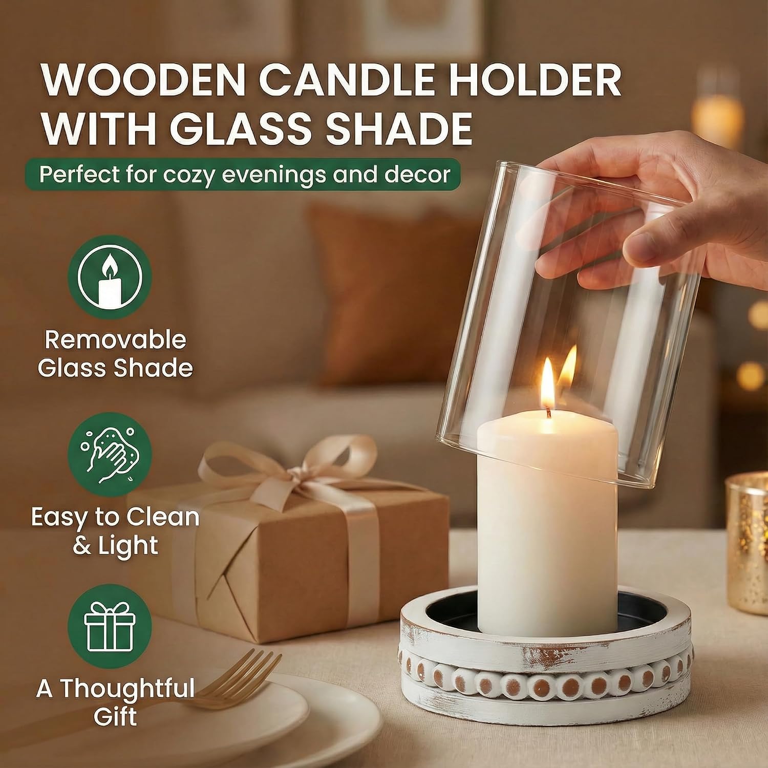 Hurricane Glass Candle Holder Rustic White Candle Holders for Pillar Candles, Vintage Decorative Wood Stand with Clear Glass Cover for Weddings Christmas Table Centerpiece Home Decor