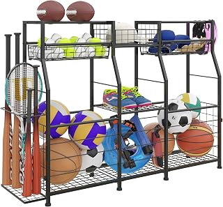 LUMAMU Garage Sports Equipment Organizer with Wheels - Ball Storage Rack, Elastic Rope Design for Toys & Gear, Black