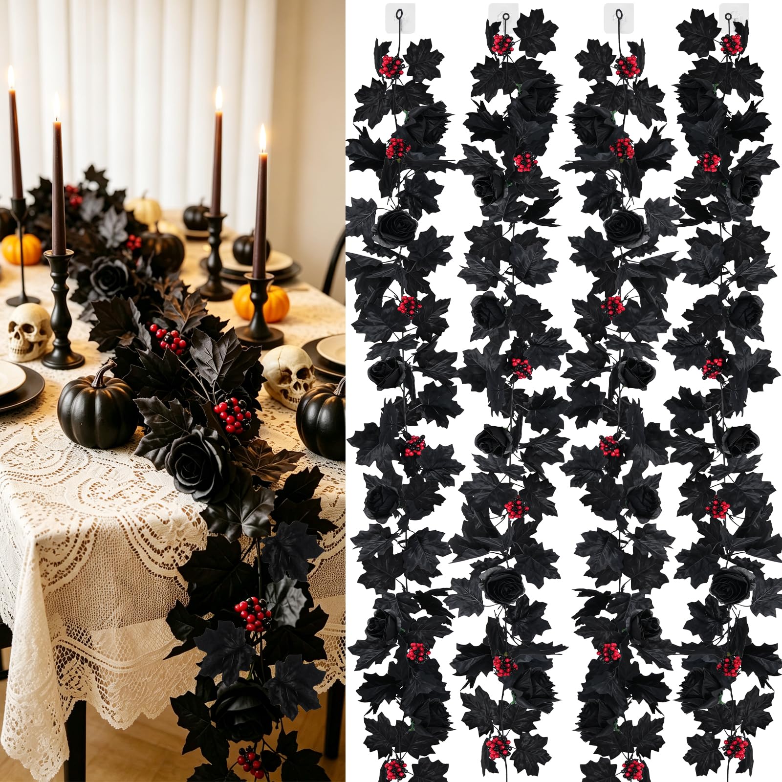 4 Pezzi 1,7 m Ghirlanda Halloween Nera con Foglie Autunnali e Rose