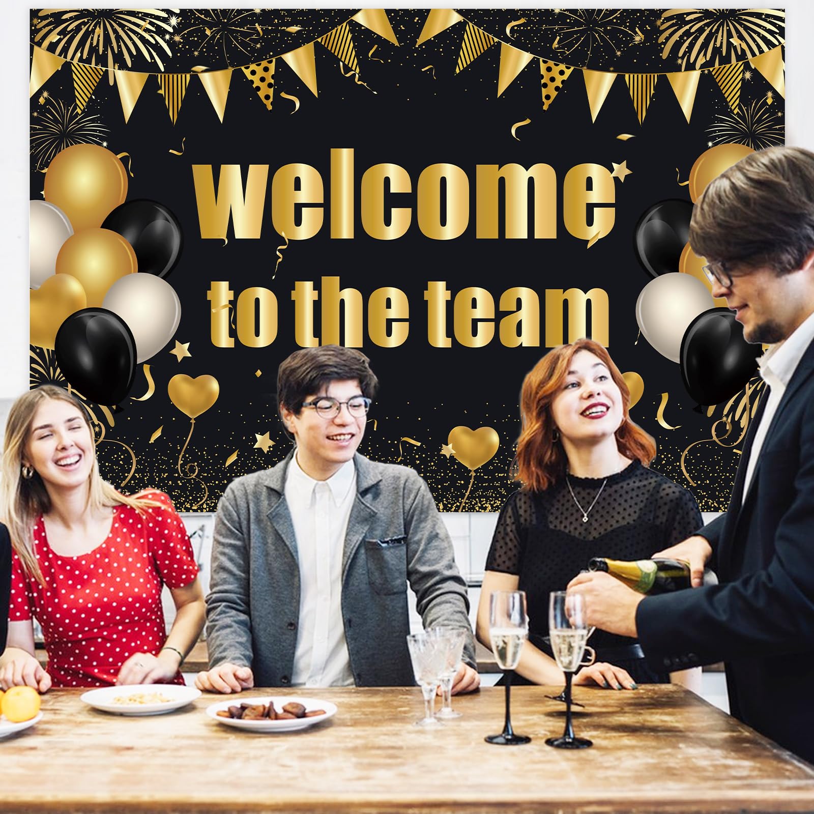 Jollyboom Welcome To The Team Decorations, Black Gold Backdrop Welcome