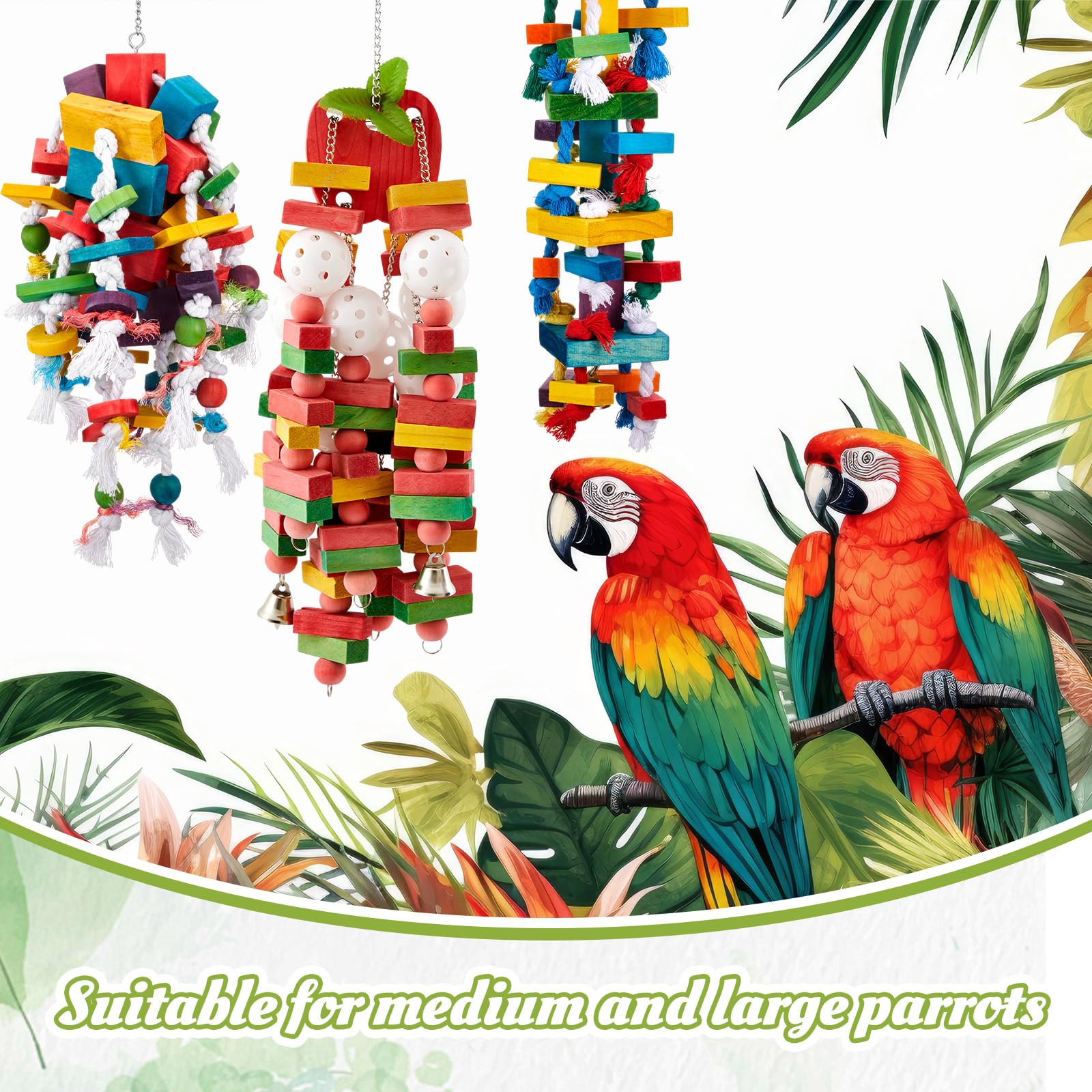 Seenelling 3 Pcs Extra Large Bird Parrot Toy Multicolored Natural Wooden Parrot Cage Chewing Toys for Large Medium Macaws Cockatoos African Grey Birds (Block and Rope) - image 4