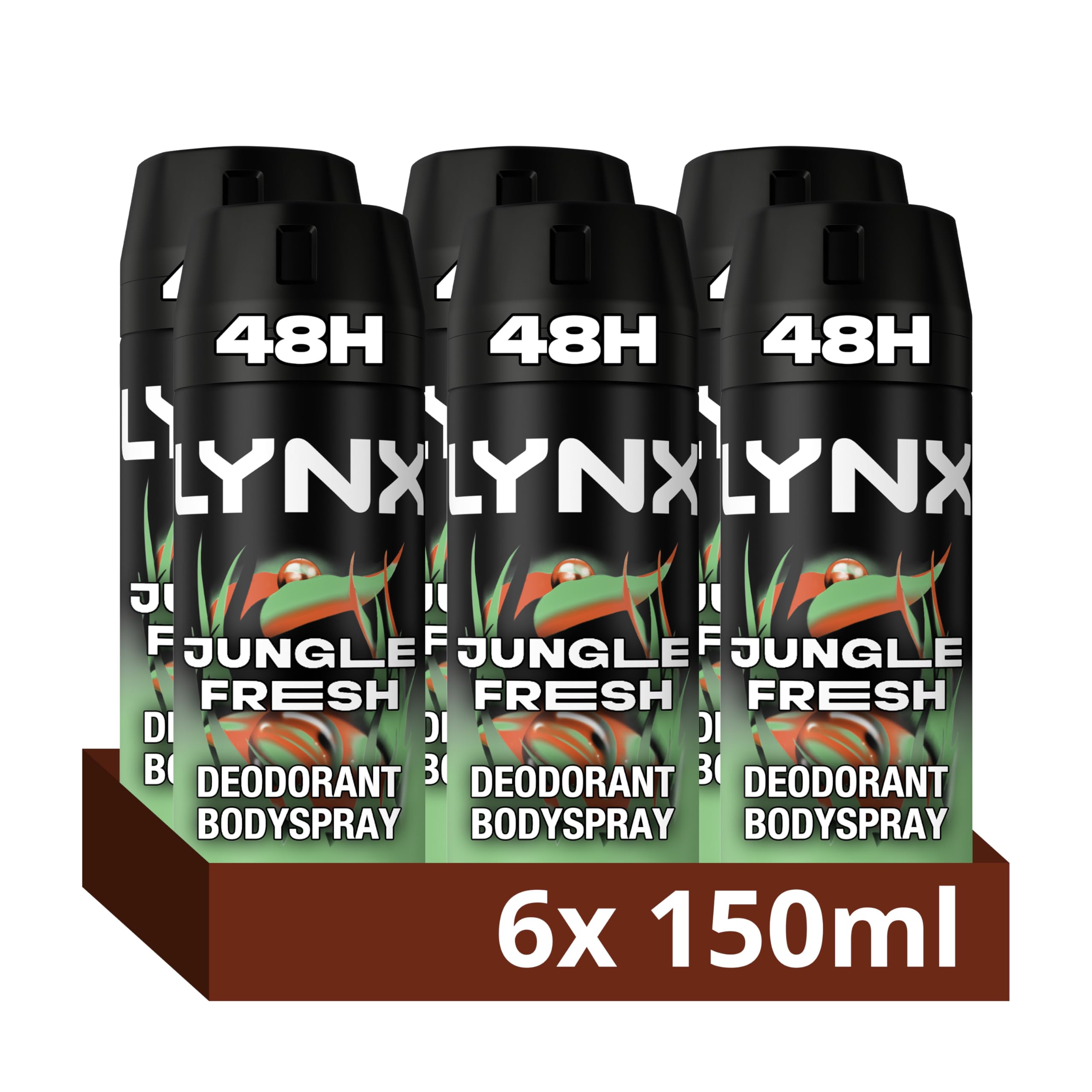 Lynx Jungle Fresh Body Spray Deodorant for Men 150ml Pack of 6, 48H Odour Protection Bodyspray Aerosol, Palm Leaves and Amber Fragrance, Lynx Deodorant Mens Everyday Freshness