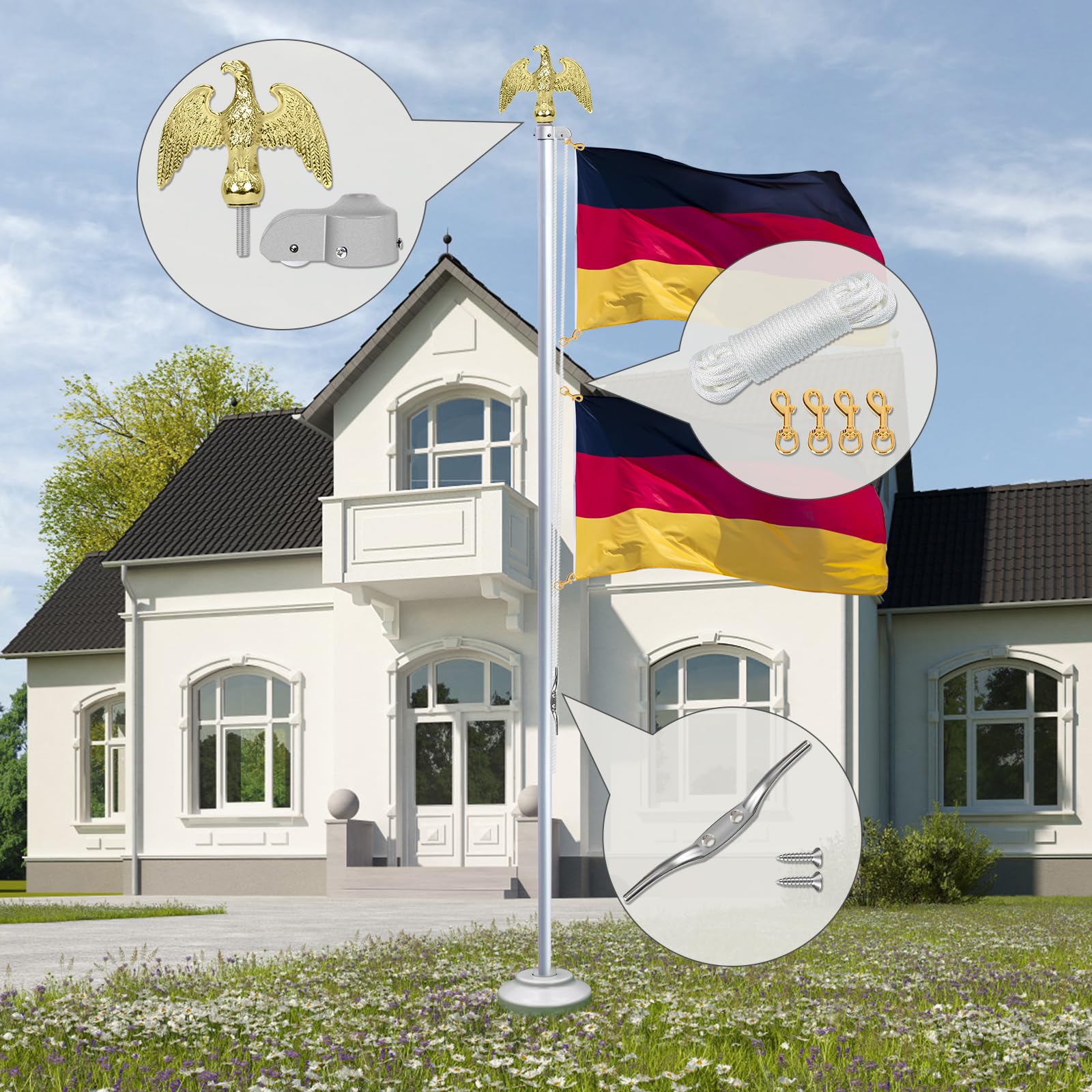 NQ Fahnenmast Zubehör Set mit Adler,Fahnenmast Reparaturset,Fahnenmast-Reparaturteile inkl.Adler,Seil,Karabiner, Klampe,Topper aus Aluminium mit Seilrolle(Gold)