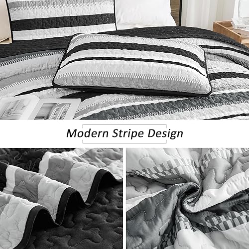 Miniatura 5 de WONGS BEDDING Juego de ropa de cama Queen de 3 piezas, colcha de rayas negras, edredones ligeros de verano tamaño Queen para cama de 96 x 90 pulgadas