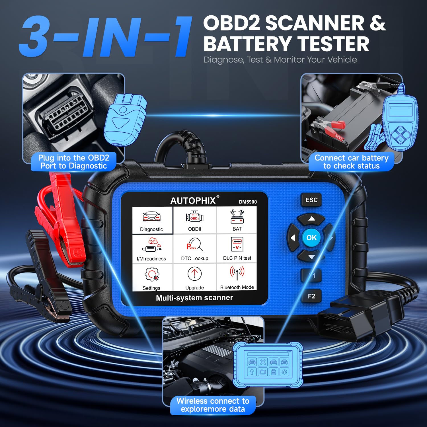 AUTOPHIX 4 Systeme Auto Diagnosegerät für ABS, SRS, Getriebe & Motor, 3 in 1 Bluetooth OBD2 Scanner, 12V Autobatterietester, KFZ Diagnosegerät mit Voller OBD2 Funktion