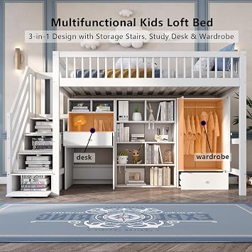 KUIKUI High Sleeper Bed with Desk and Wardrobe, Loft Kids Bed with Bookshelves and Storage Stairs, No Mattress Included, 90x190cm, White