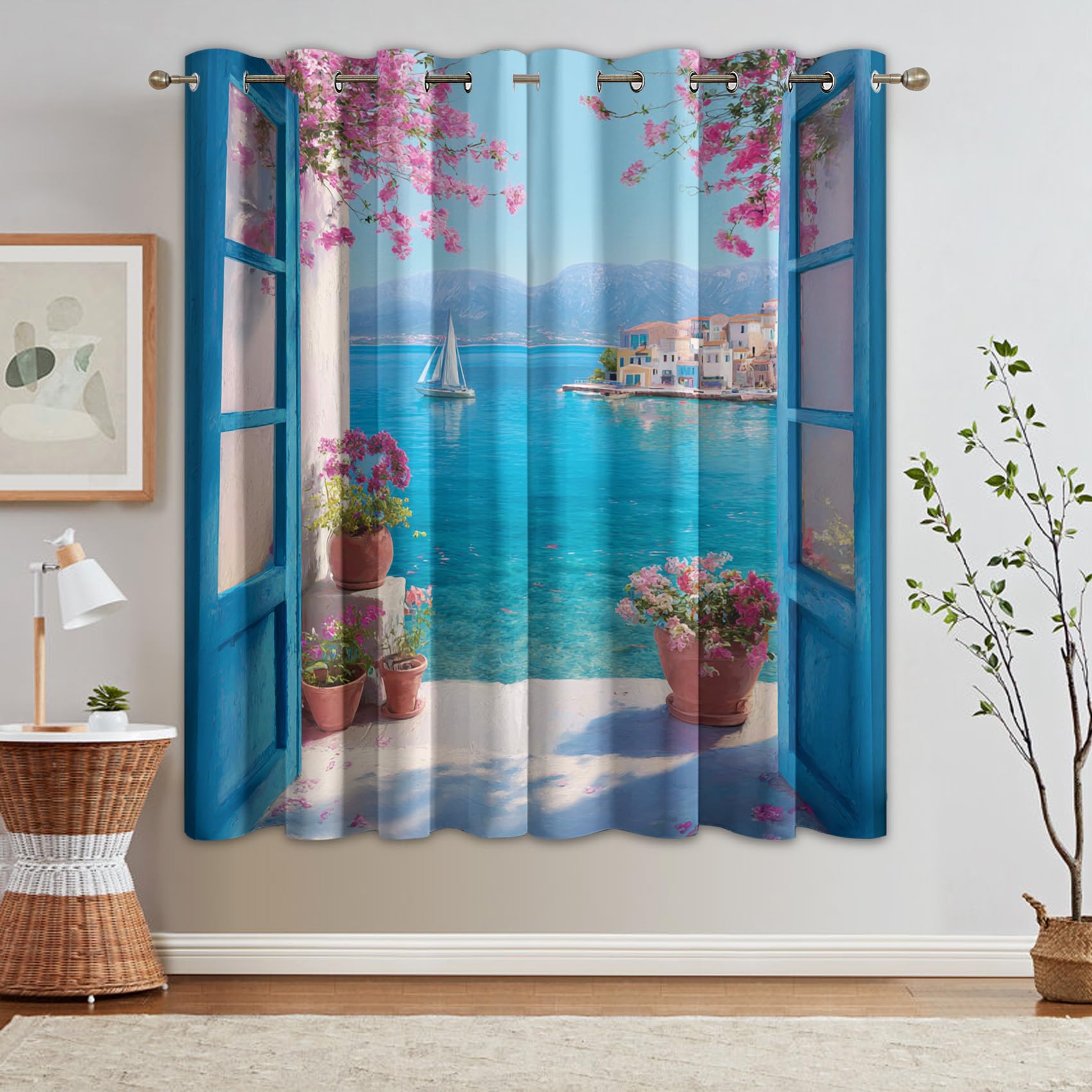 Meer Vorhänge Mit ösen Blickdicht, Ozean Maritim Landschaft Fenster Vorhang Schlafzimmer Wohnzimmer Küche 110 x 215 cm Lang, Übergardinen Innen Verdunklungsvorhänge