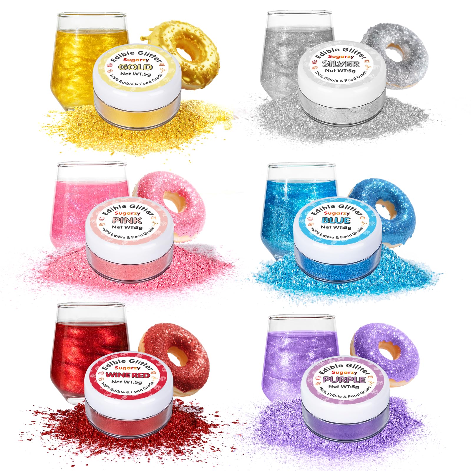 Essbares Glitzer Set, 6 Farben,lebensmittelechter Schimmerstaub für Getränke und zum Backen,perfekt für Ostern,Geburtstage,Feiertagspartys,Cocktails,Wein,Kuchen,Cupcakes-Dekoration