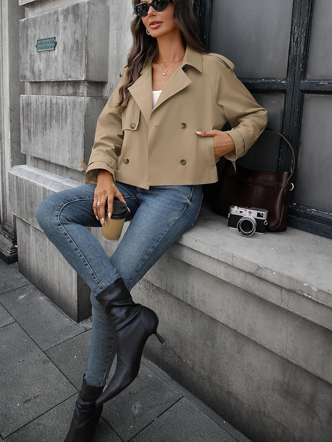 AMZANGEL Women's Cropped Trench Coat Lapel Long Sleeve Button Down Crop Jacket Double Breasted Oversized Jacket - Image 6