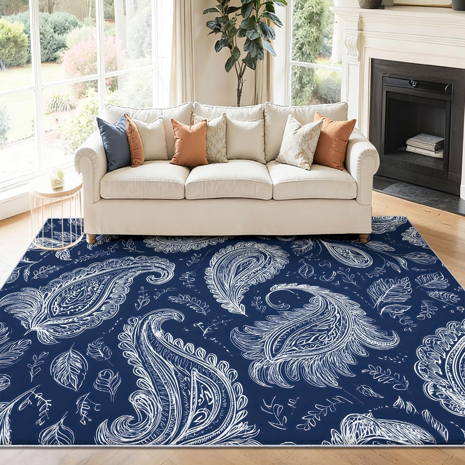 Dywan do salonu, można prać w pralce, 160 x 230 cm, dywan Paisley, antypoślizgowy, białe liście kwiatów nerkowca, niskie runo, nie gubi włosia, nadruk, do jadalni, domu, biura, sypialni