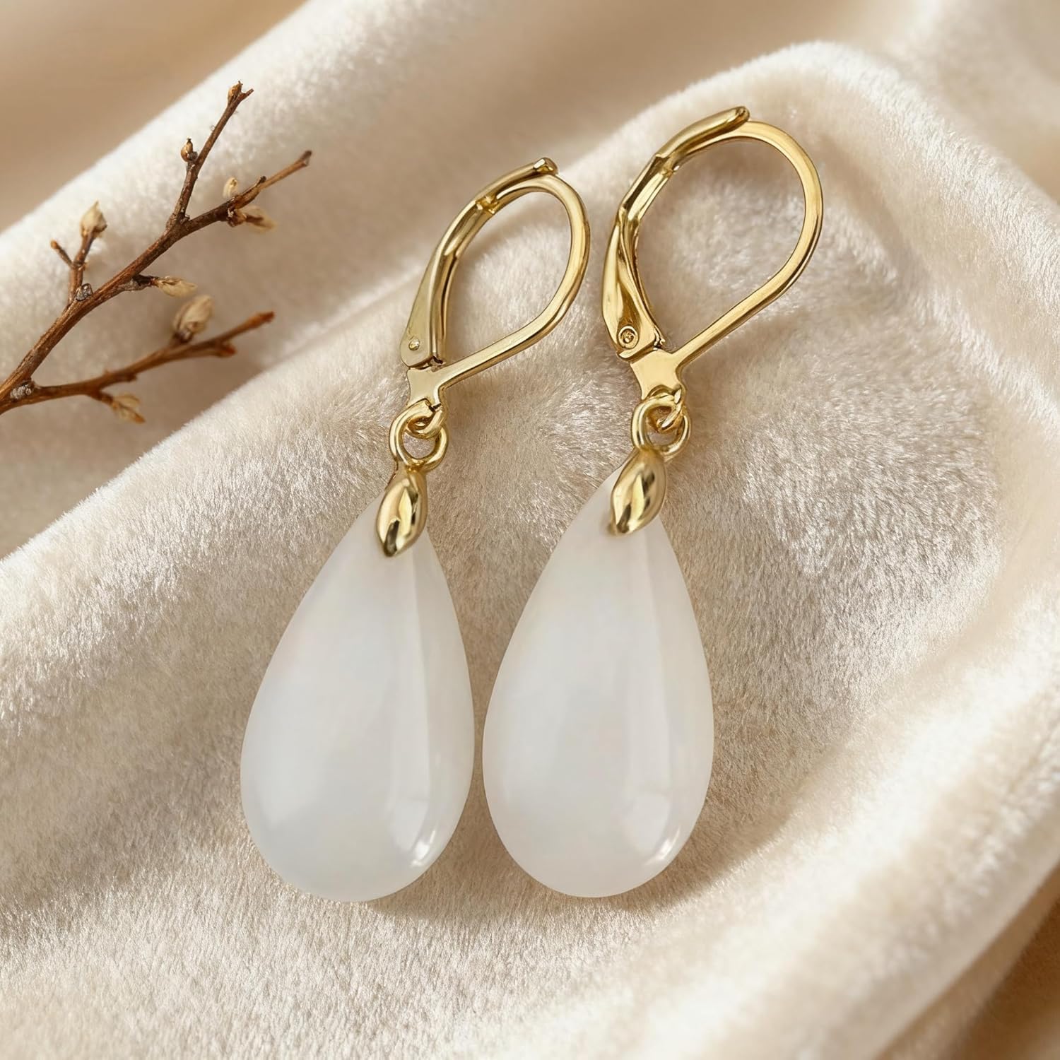 Natural Waterdrop Stone Drop Earrings,Yellow Gold Plated Real Genuine Teardrop Crystal Quartz Gemstone Dangle Earrings for Women Her - Image 2
